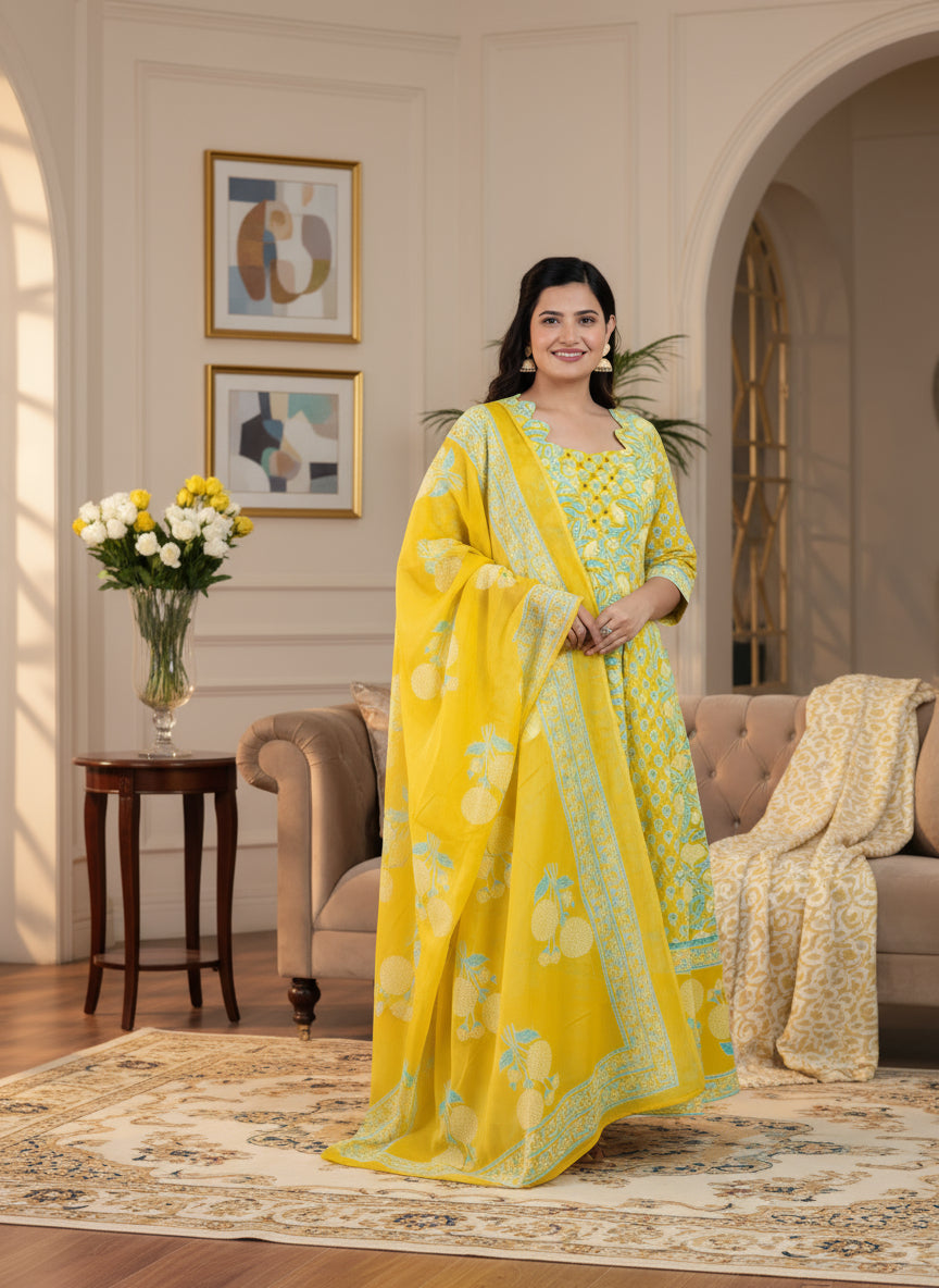 Embroidered Soft Cotton Floral Flared Lemon Yellow Kurta