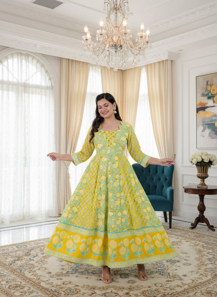 Embroidered Soft Cotton Floral Flared Lemon Yellow Kurta