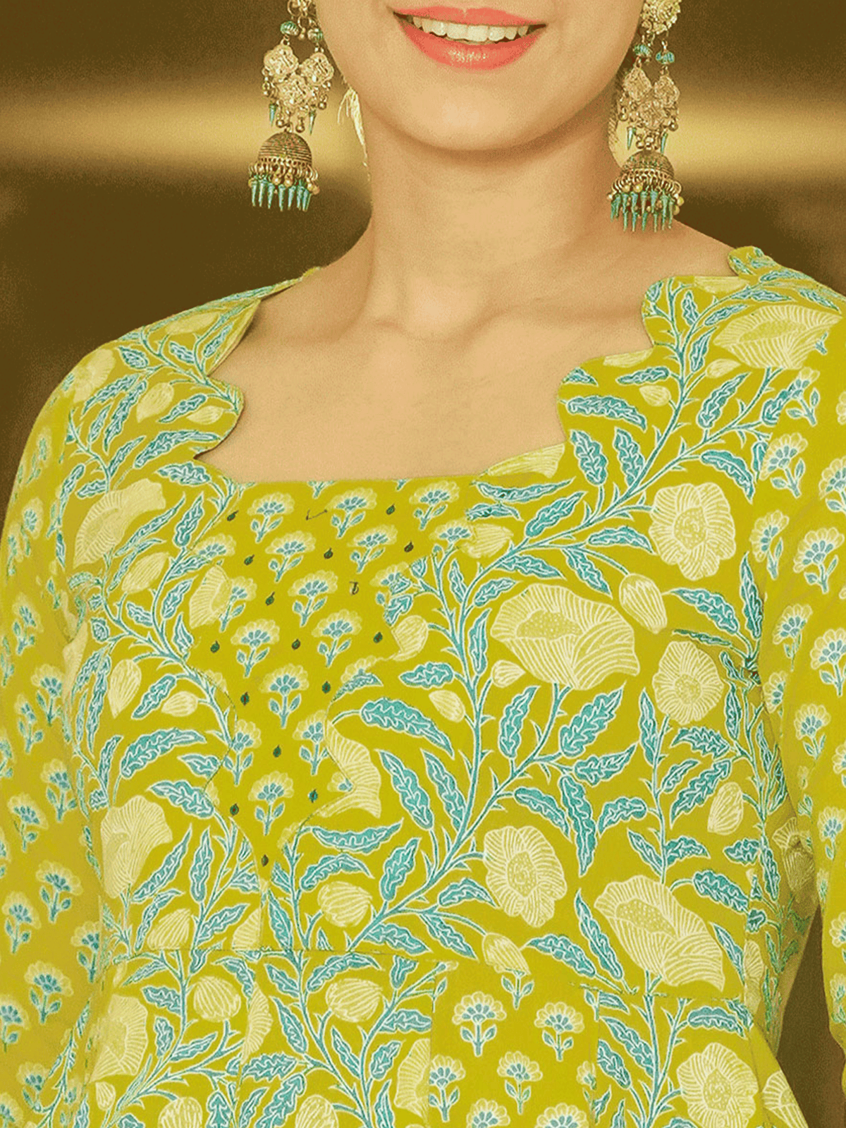 Embroidered Soft Cotton Floral Flared Lemon Yellow Kurta
