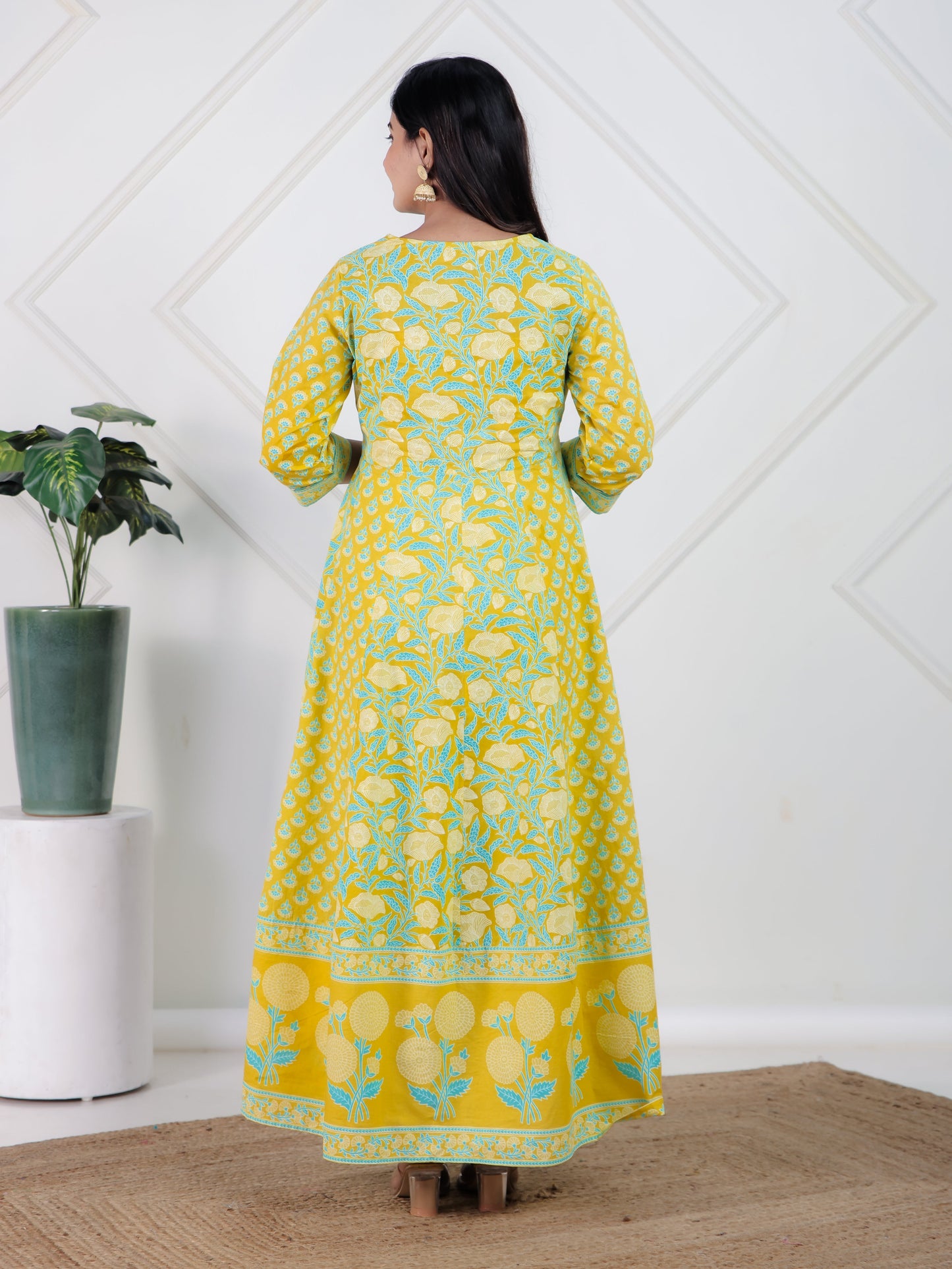Embroidered Soft Cotton Floral Flared Lemon Yellow Kurta