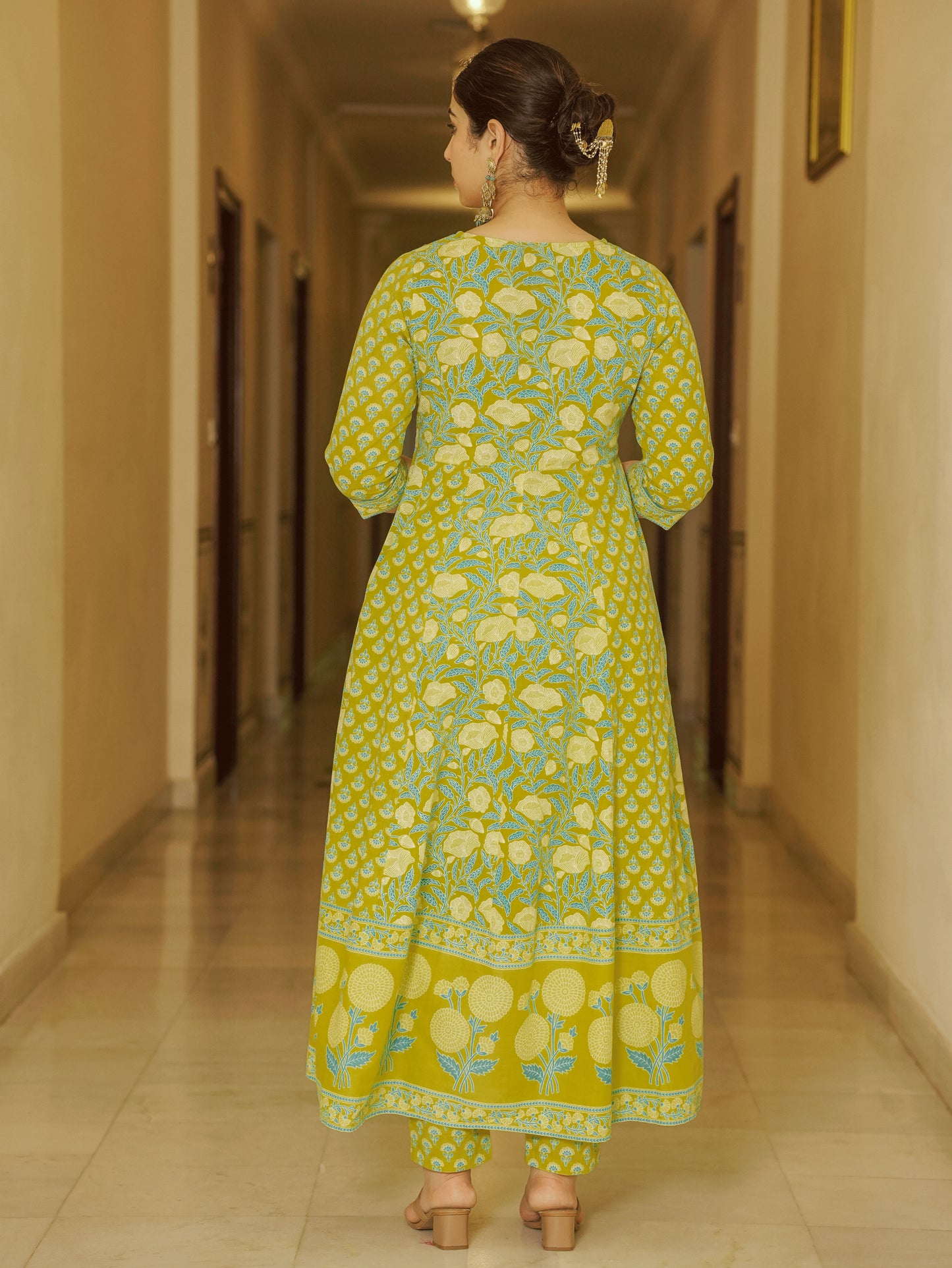 Embroidered Soft Cotton Floral Flared Lemon Yellow Kurta