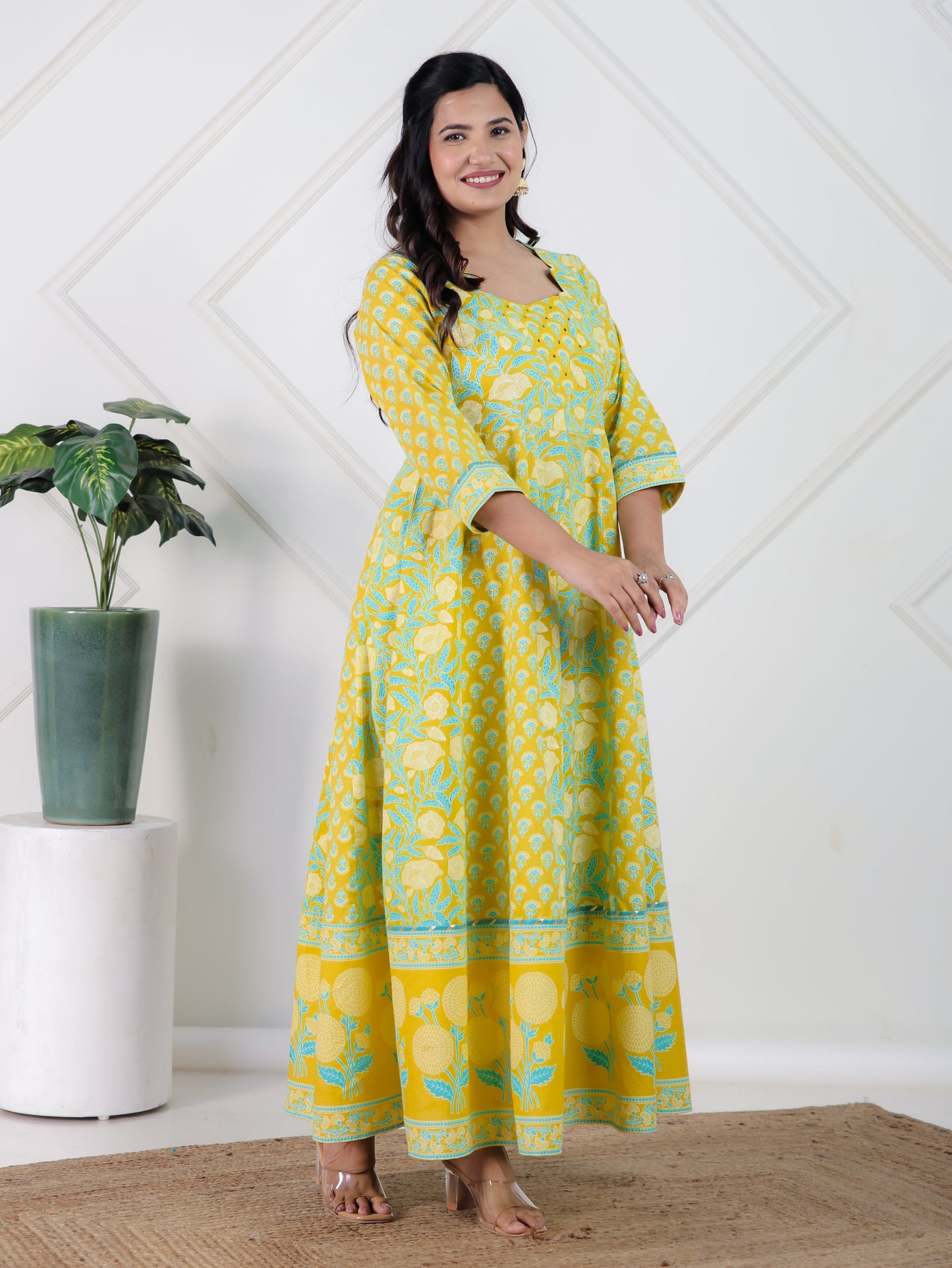 Embroidered Soft Cotton Floral Flared Lemon Yellow Kurta