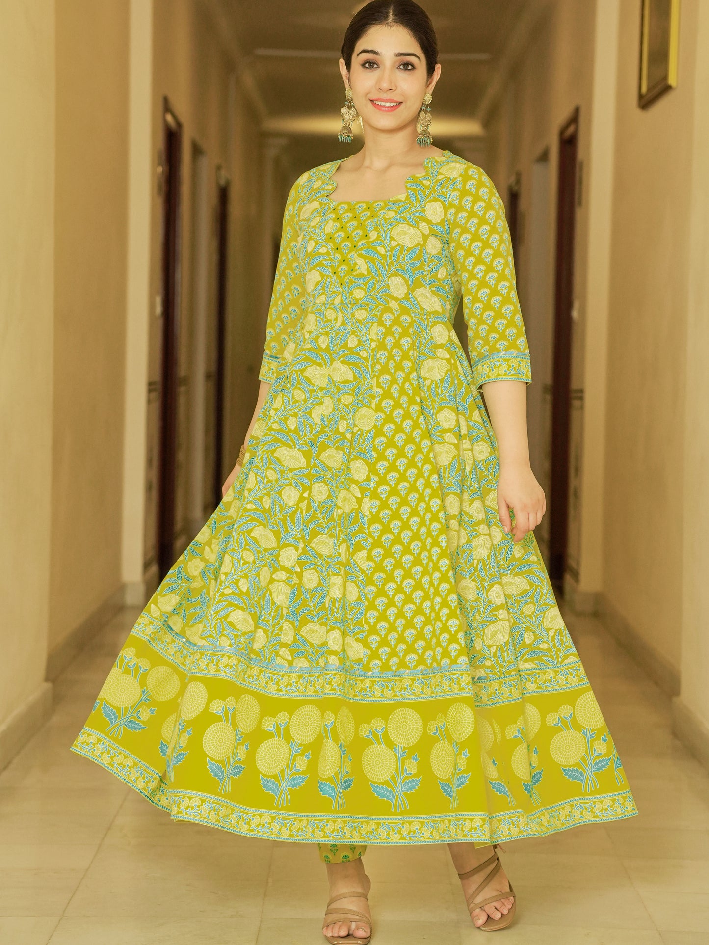 Embroidered Soft Cotton Floral Flared Lemon Yellow Kurta