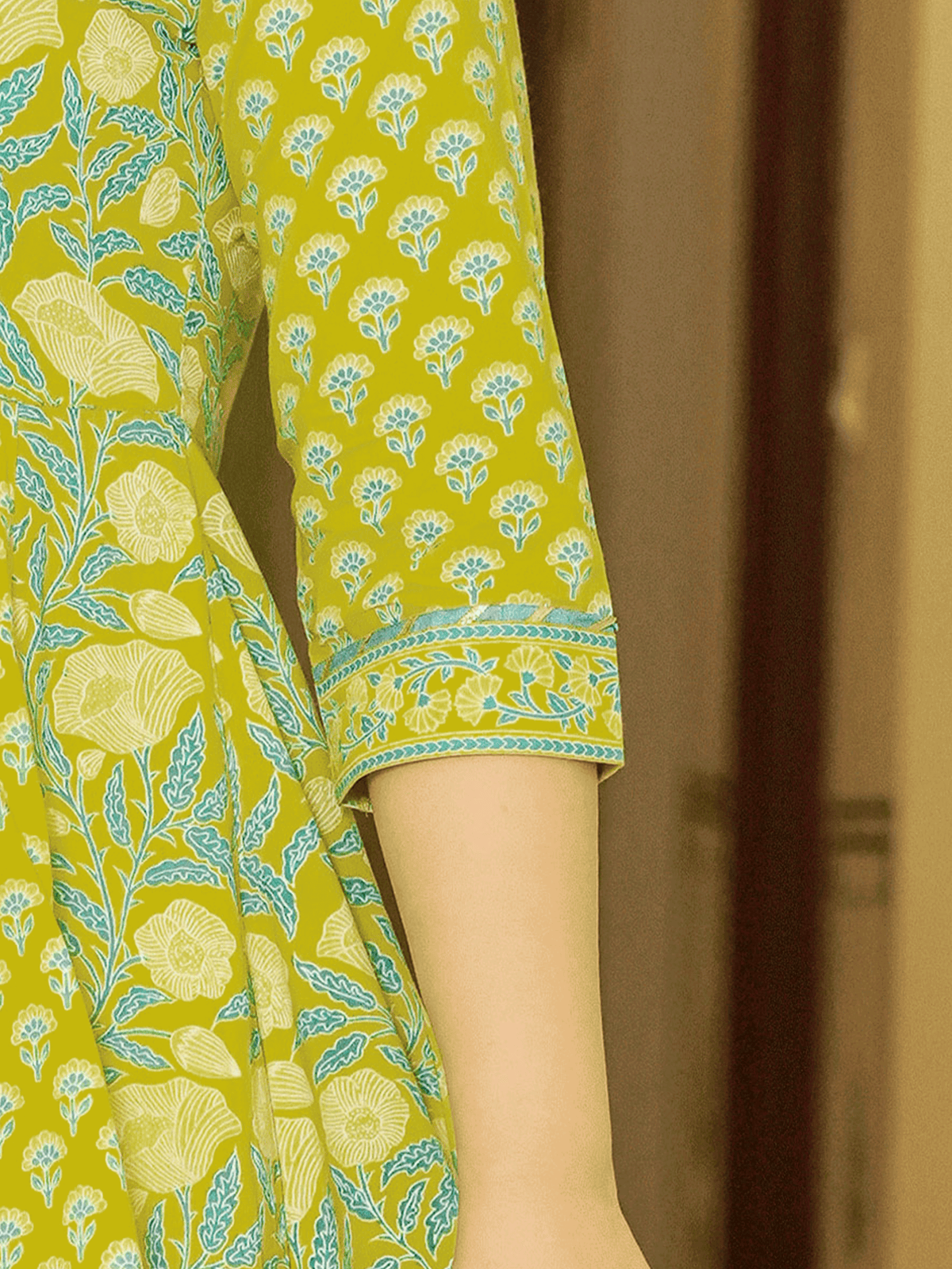 Embroidered Soft Cotton Floral Flared Lemon Yellow Kurta