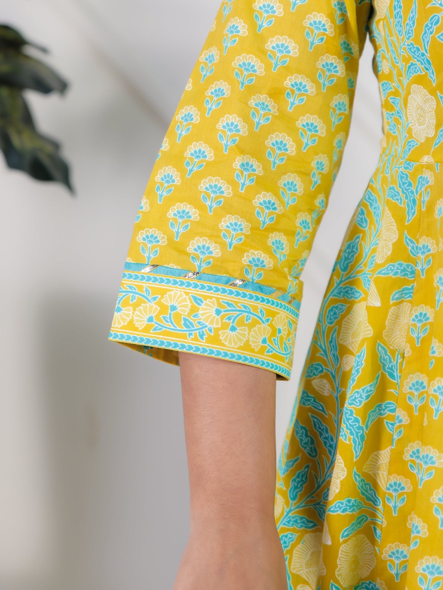 Embroidered Soft Cotton Floral Flared Lemon Yellow Kurta