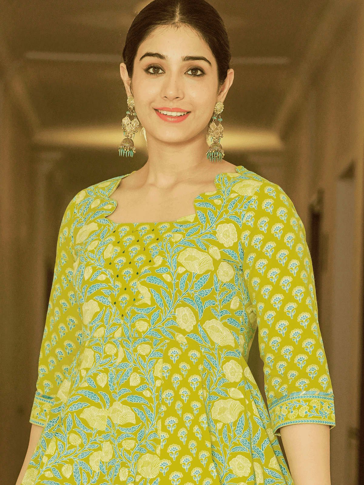 Embroidered Soft Cotton Floral Flared Lemon Yellow Kurta
