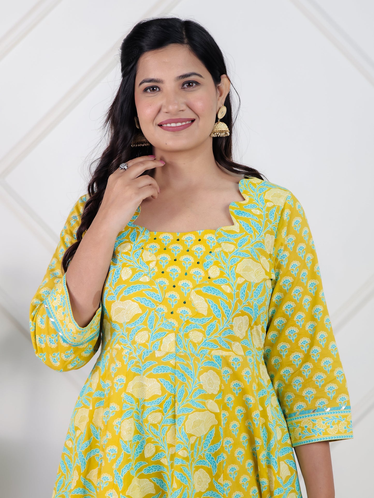 Embroidered Soft Cotton Floral Flared Lemon Yellow Kurta