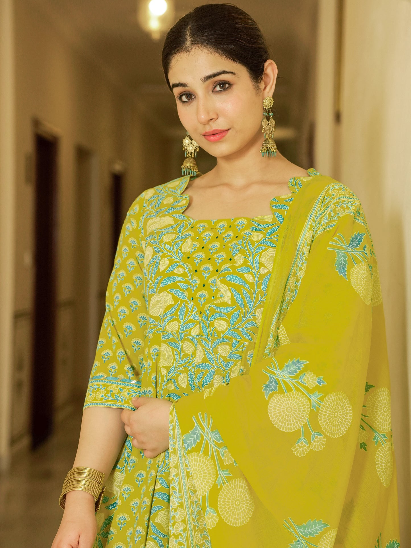 Embroidered Soft Cotton Floral Flared Lemon Yellow Kurta