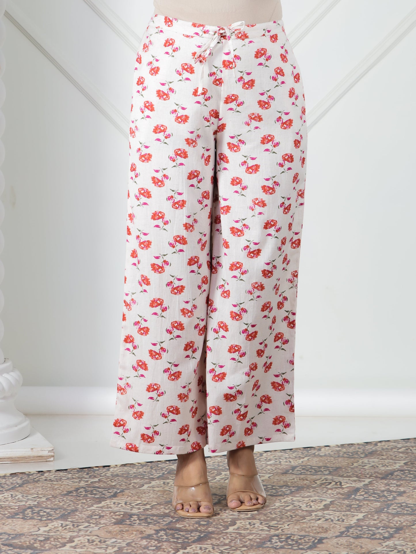 Linen Cotton Floral Cream Palazzo