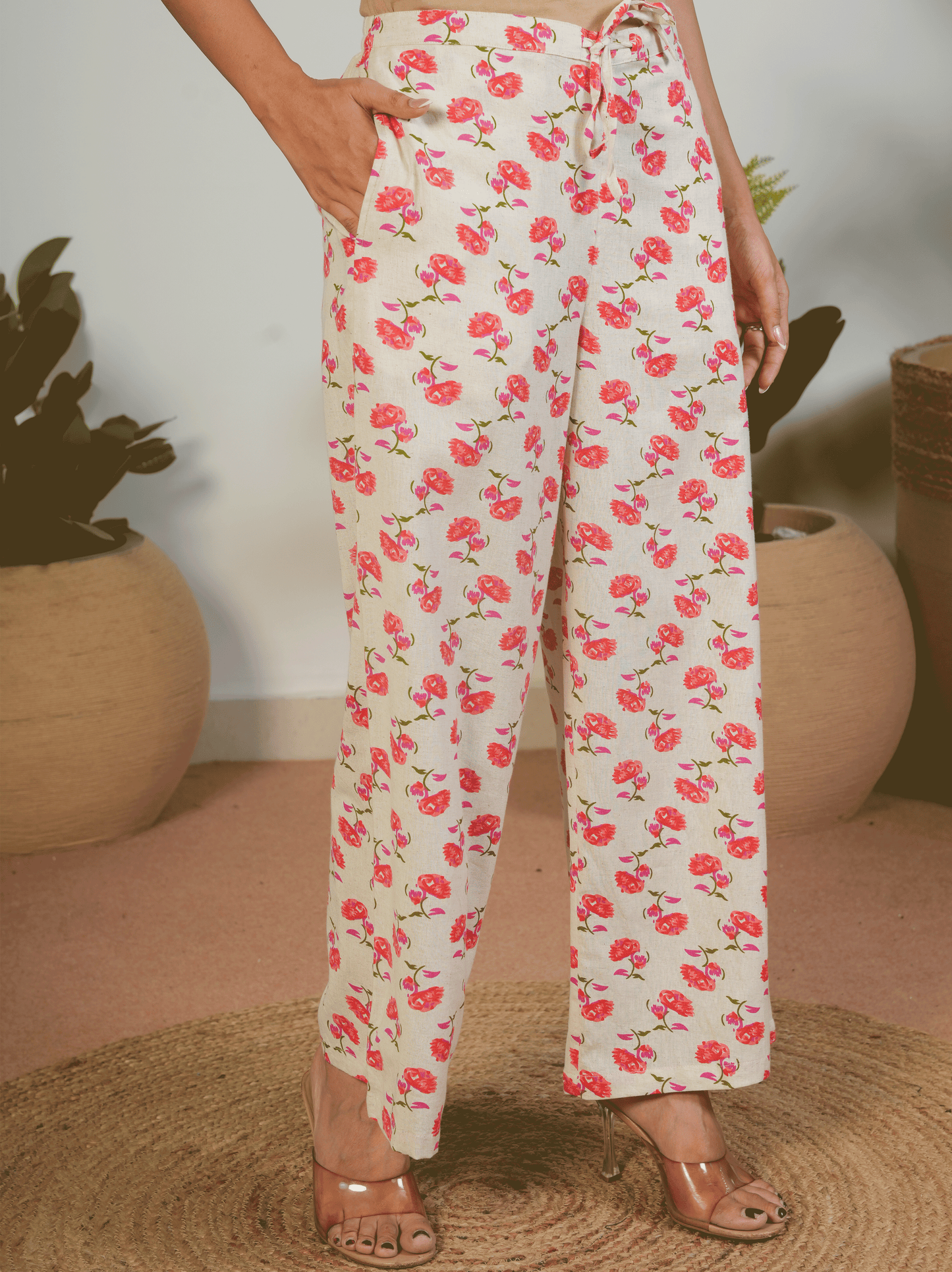 Linen Cotton Floral Cream Palazzo