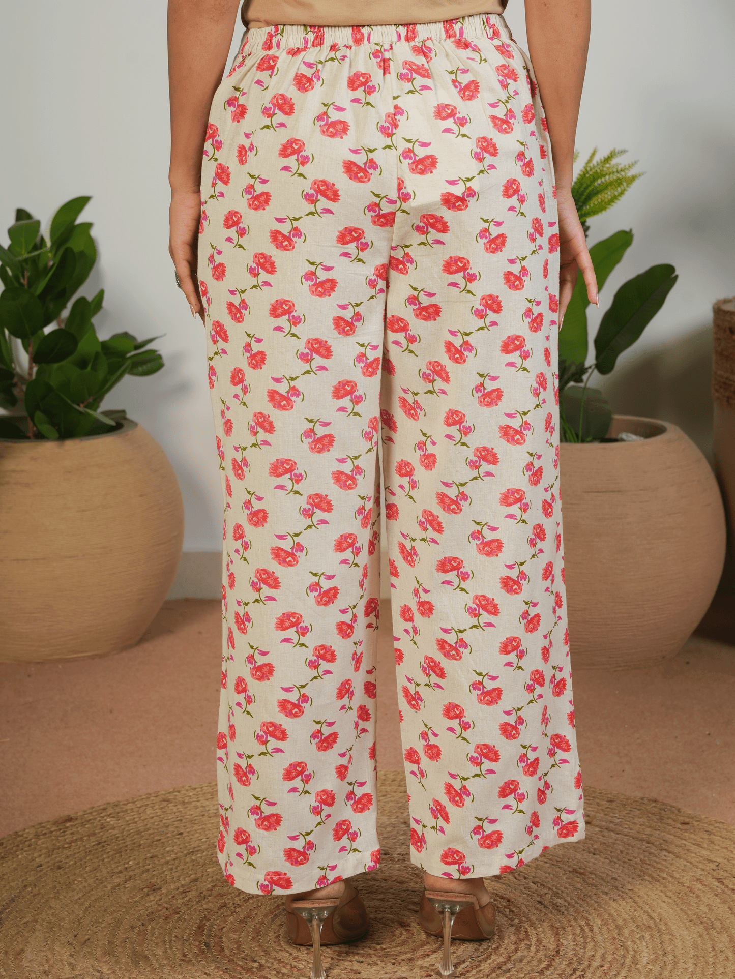 Linen Cotton Floral Cream Palazzo