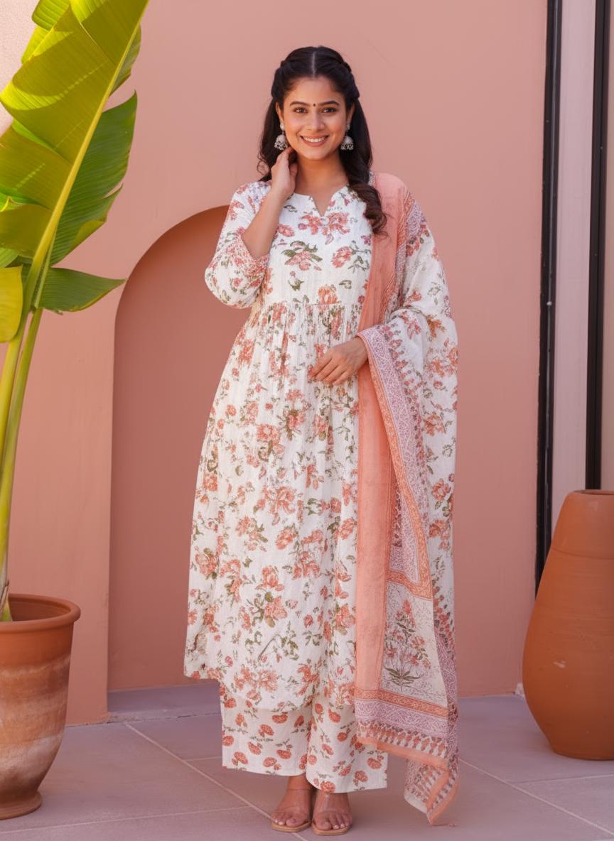 Cotton Voile Floral Off White Dupatta