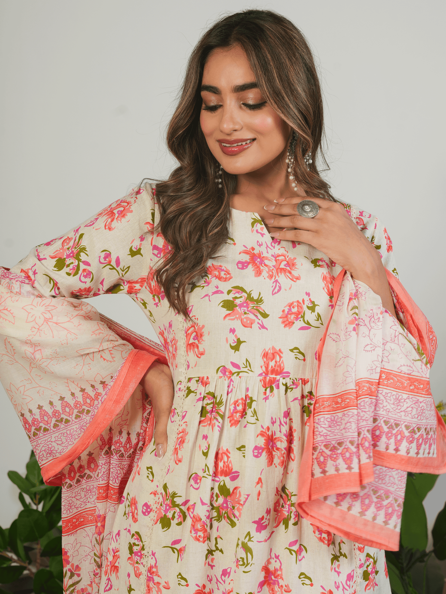 Linen Cotton Floral Flared Cream Kurta