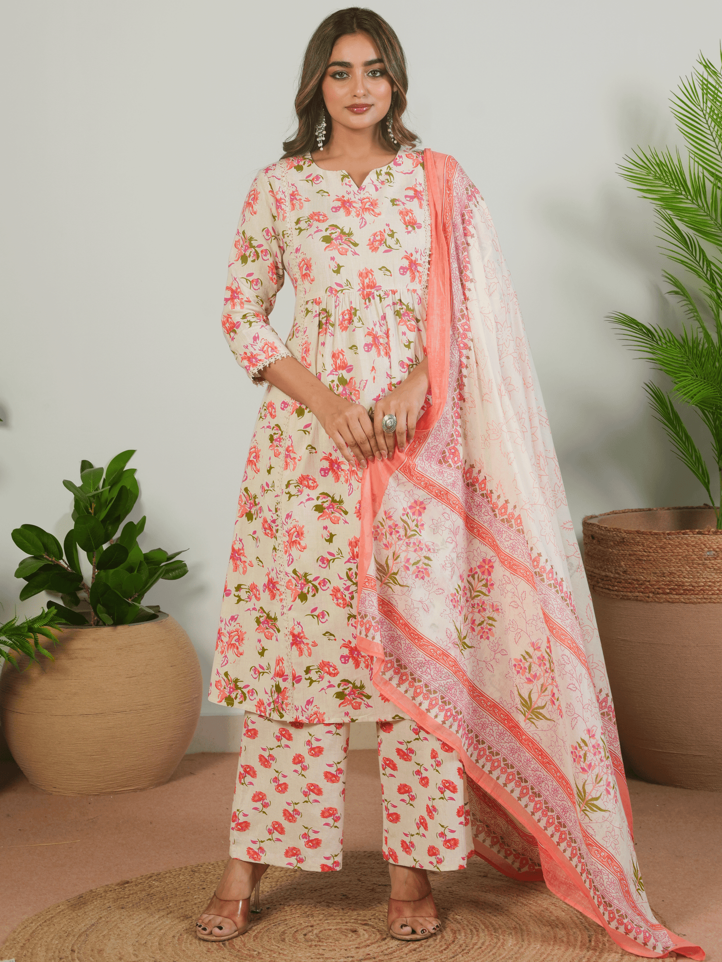 Linen Cotton Floral Flared Cream Kurta