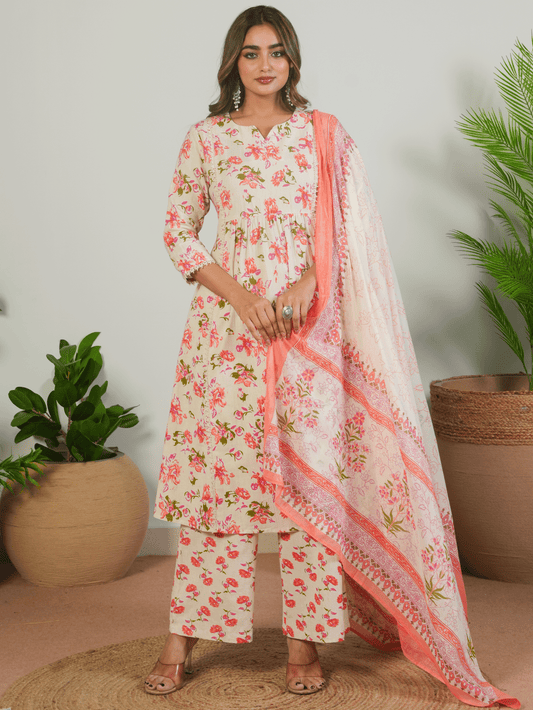 Linen Cotton Floral Flared Cream Kurta