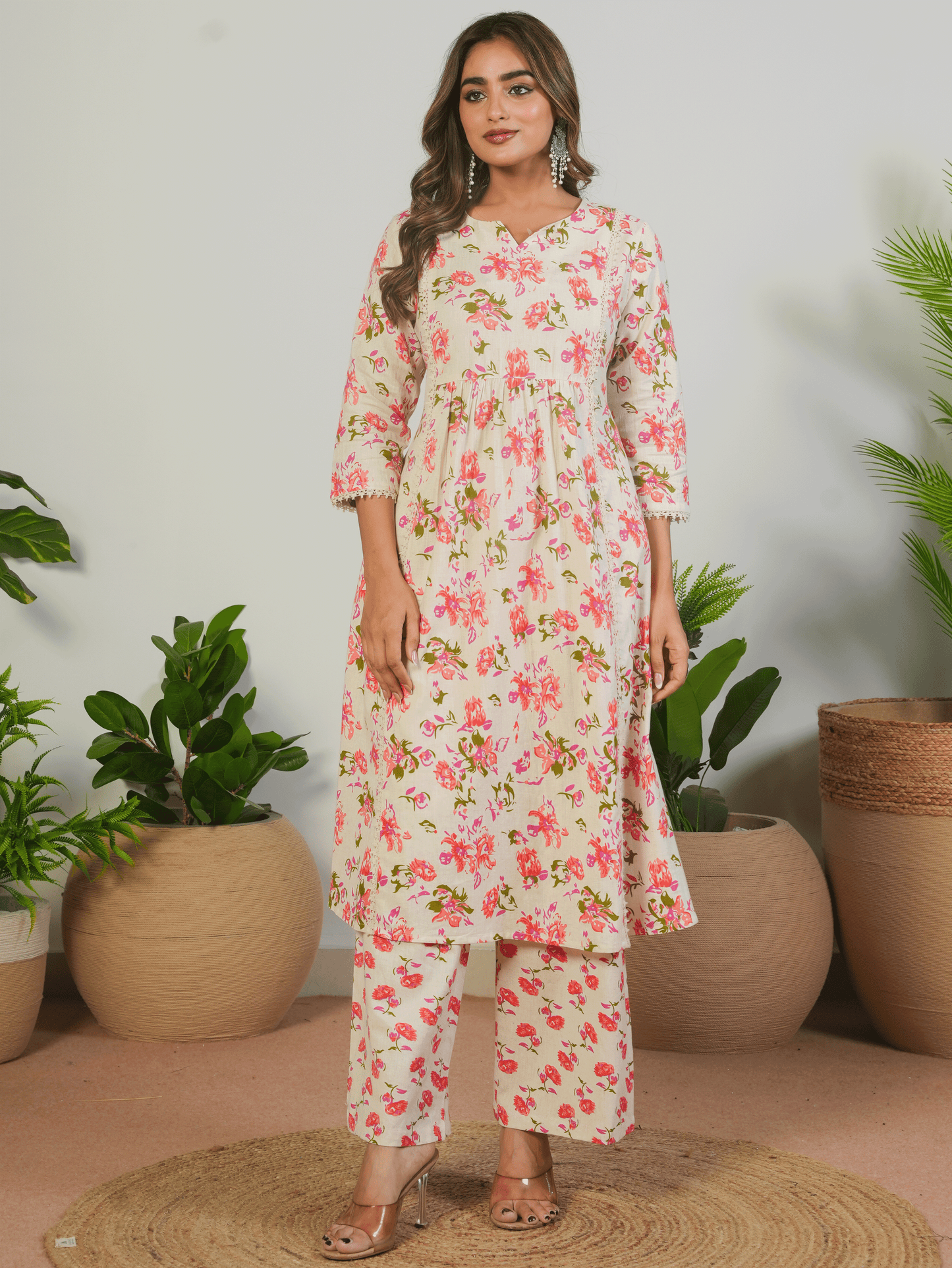 Linen Cotton Floral Flared Cream Kurta