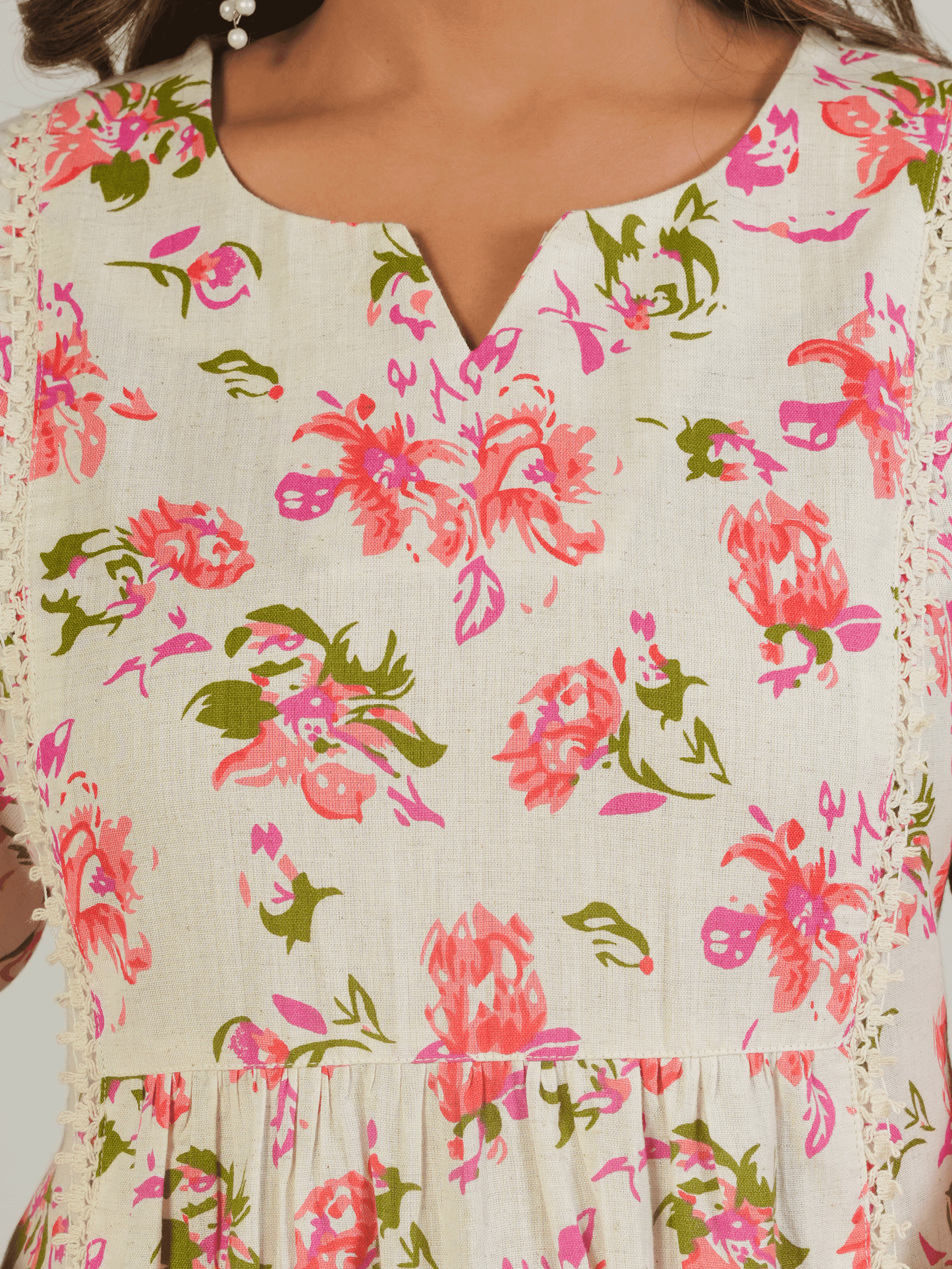 Linen Cotton Floral Flared Cream Kurta