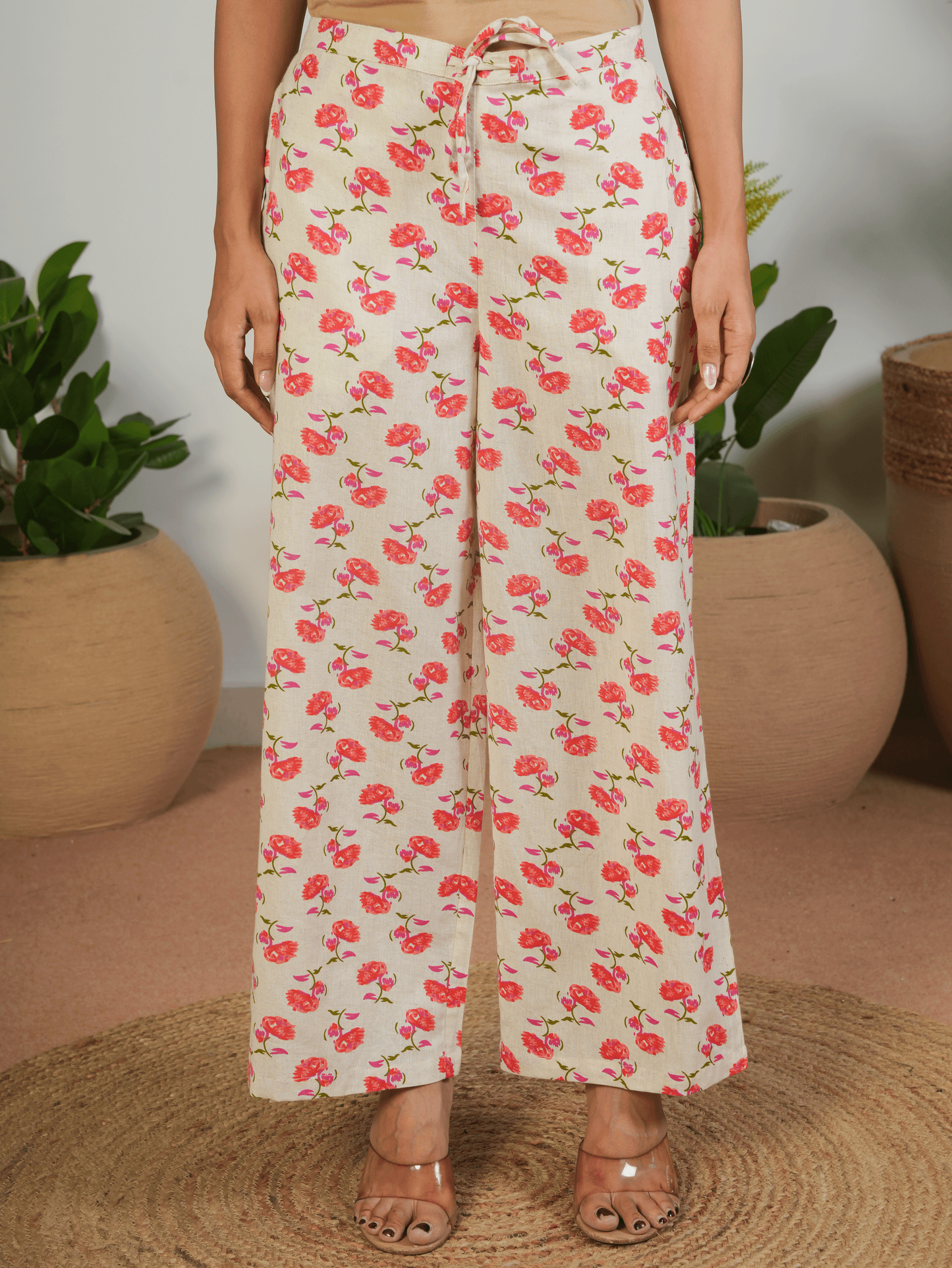 Linen Cotton Floral Flared Cream Kurta