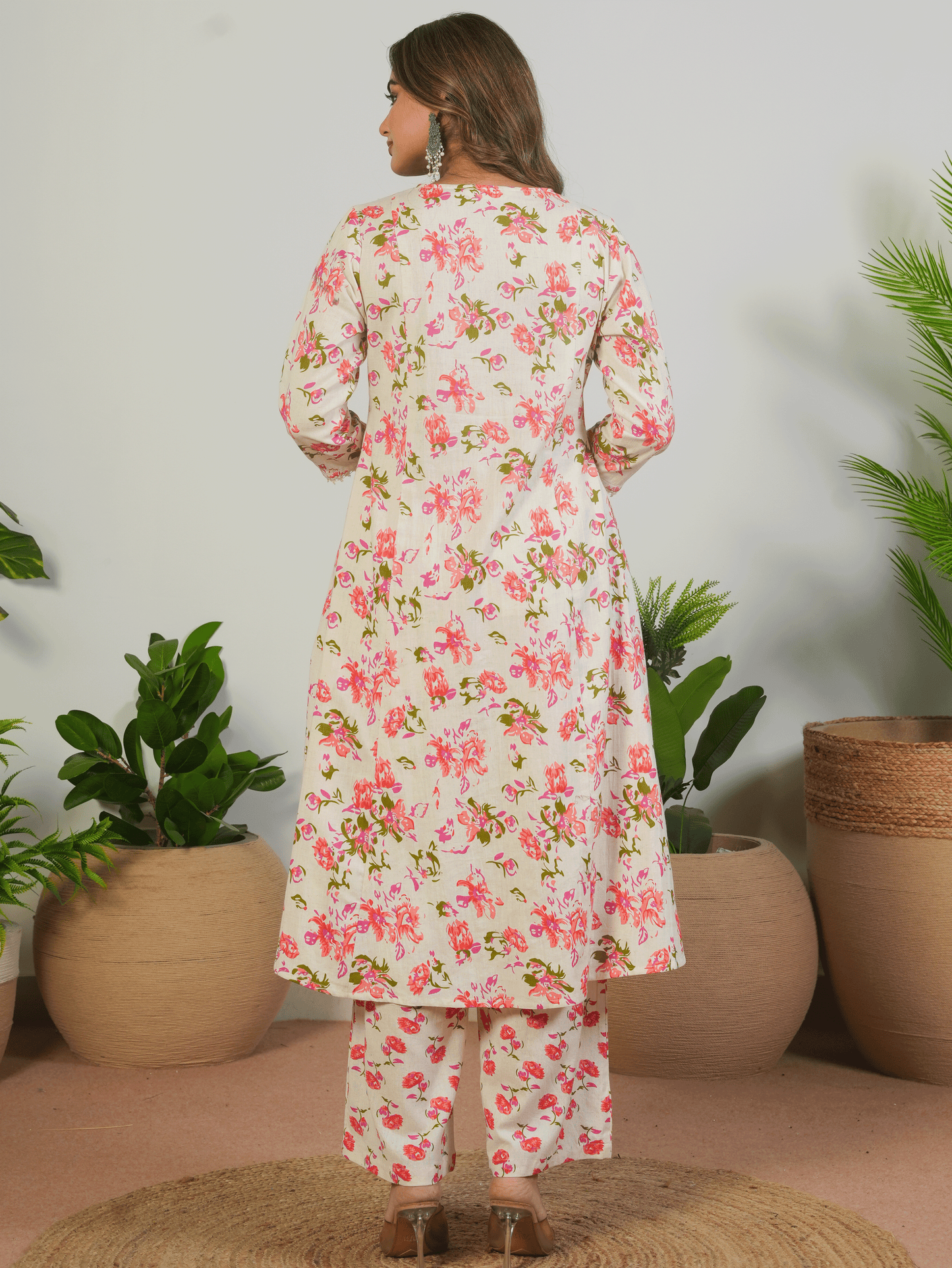 Linen Cotton Floral Flared Cream Kurta