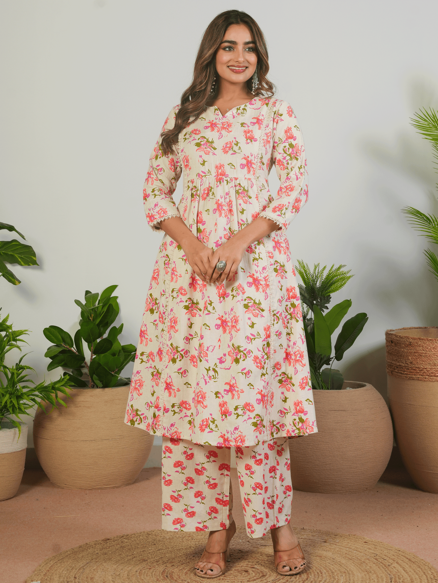Linen Cotton Floral Flared Cream Kurta