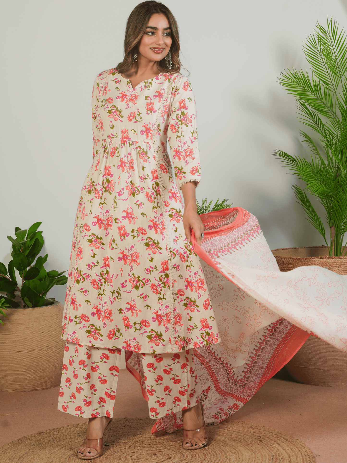 Cotton Voile Floral Off White Dupatta