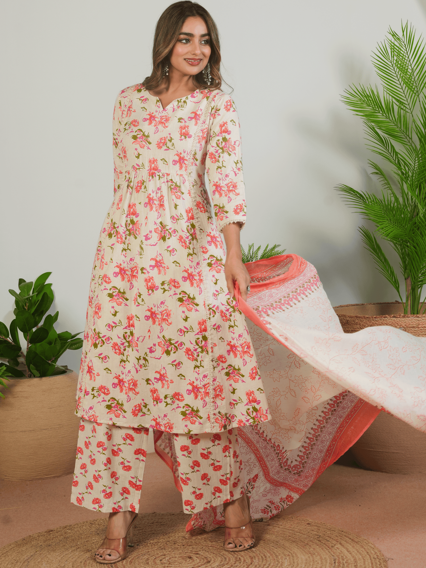 Linen Cotton Floral Flared Cream Kurta