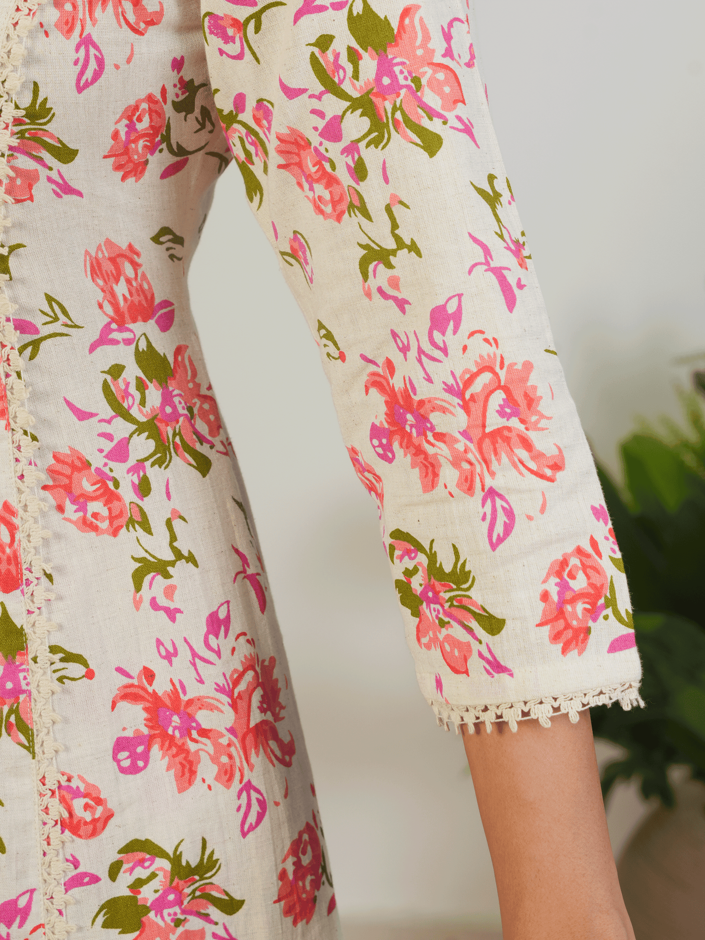 Linen Cotton Floral Flared Cream Kurta