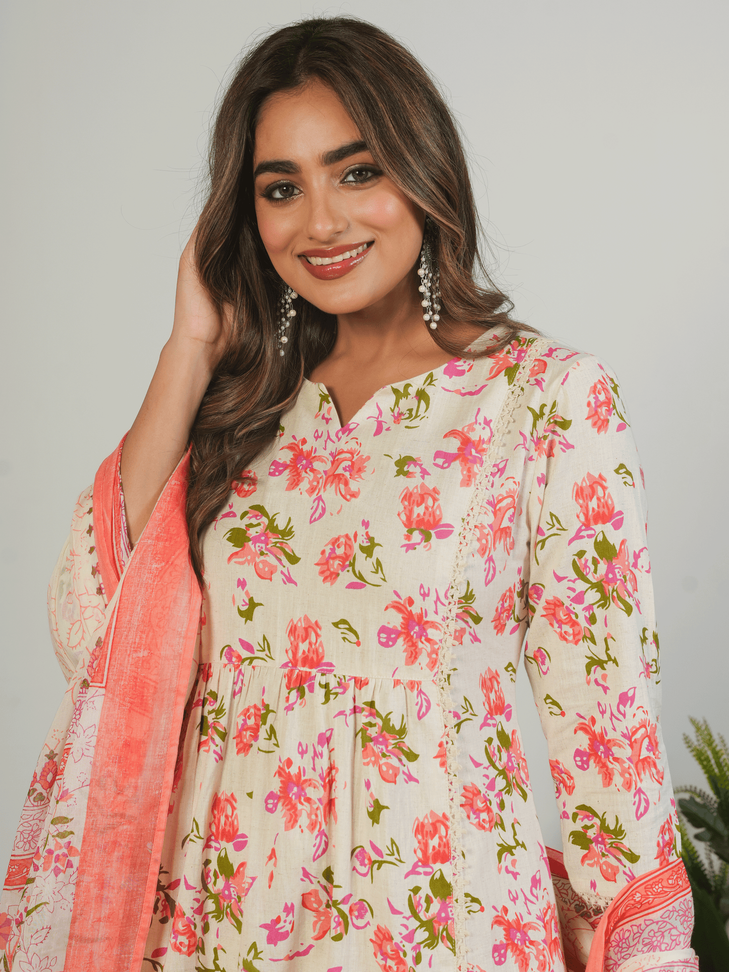 Linen Cotton Floral Flared Cream Kurta