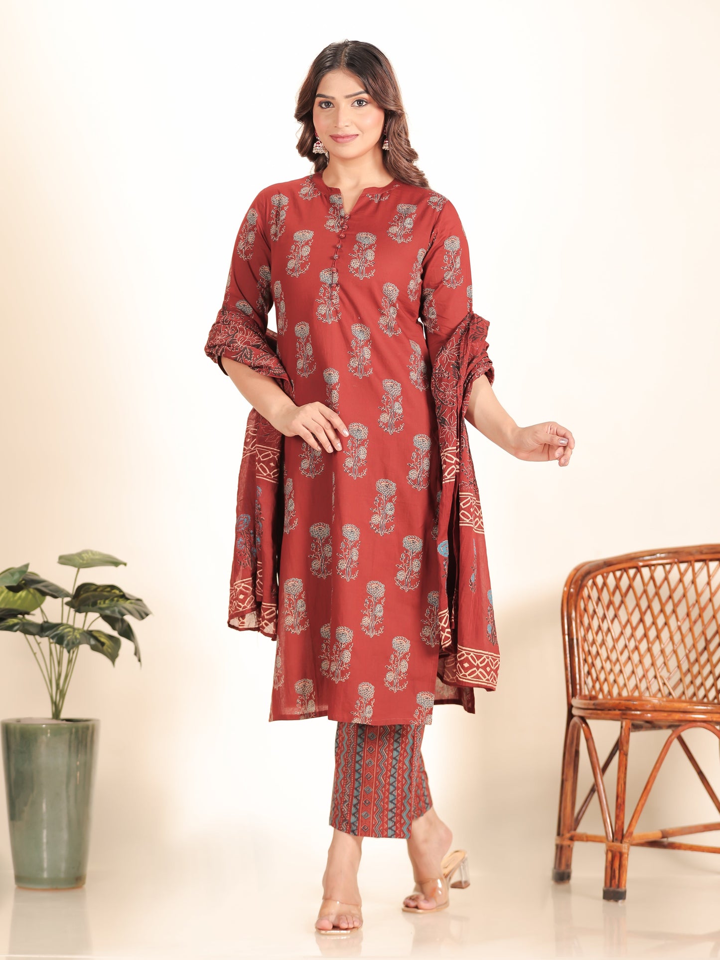 Soft Cotton Floral Straight Maroon Kurta
