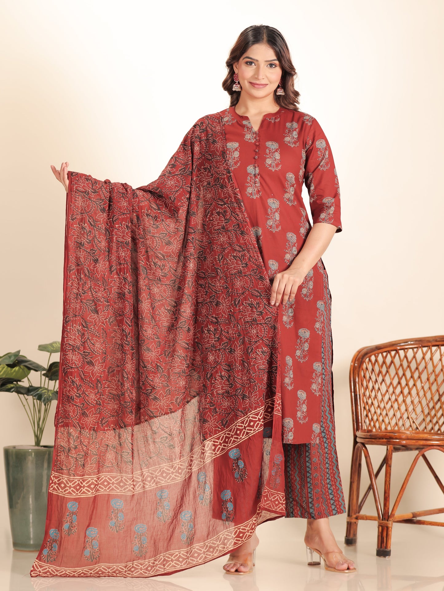 Soft Cotton Floral Straight Maroon Kurta