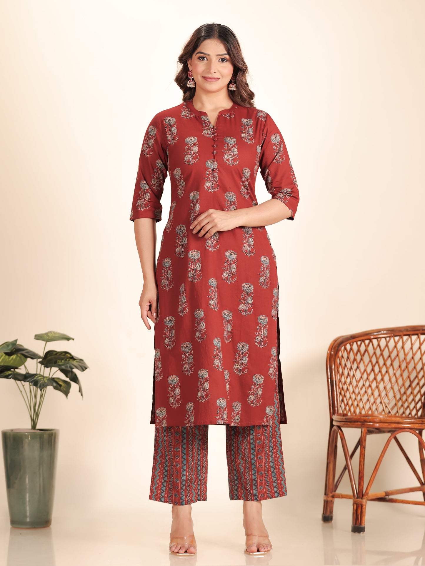 Soft Cotton Floral Straight Maroon Kurta