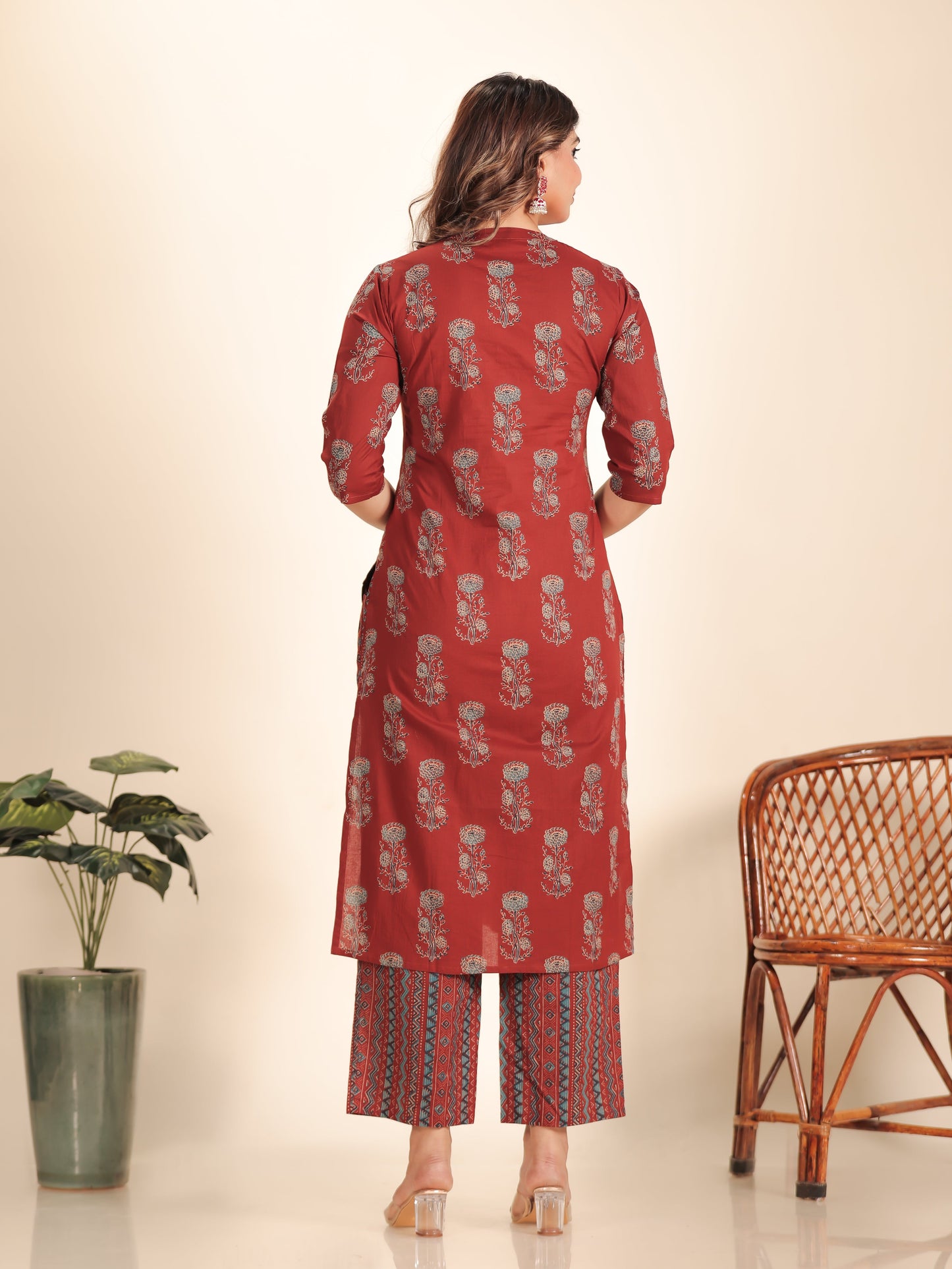 Soft Cotton Floral Straight Maroon Kurta