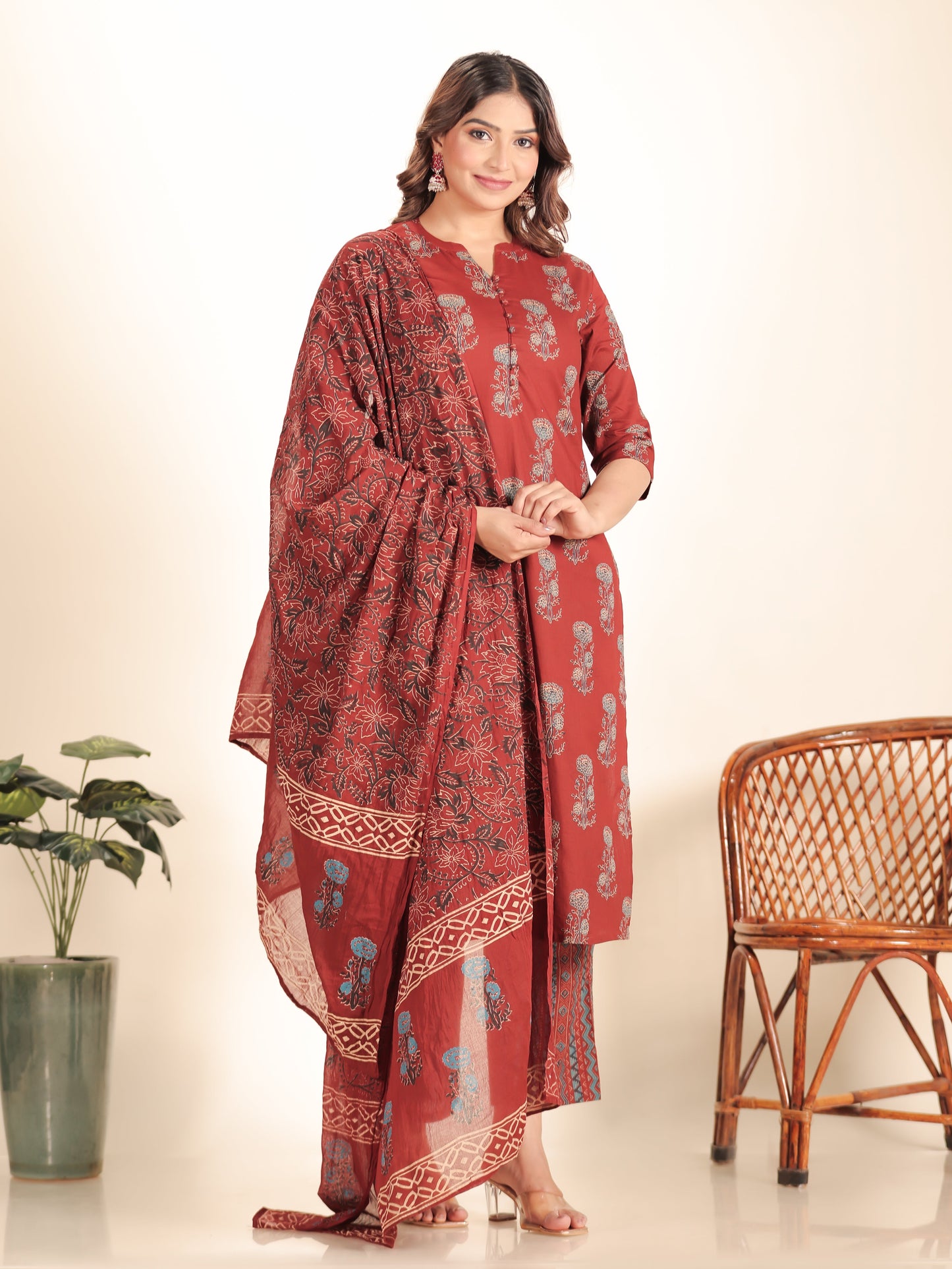 Soft Cotton Floral Straight Maroon Kurta