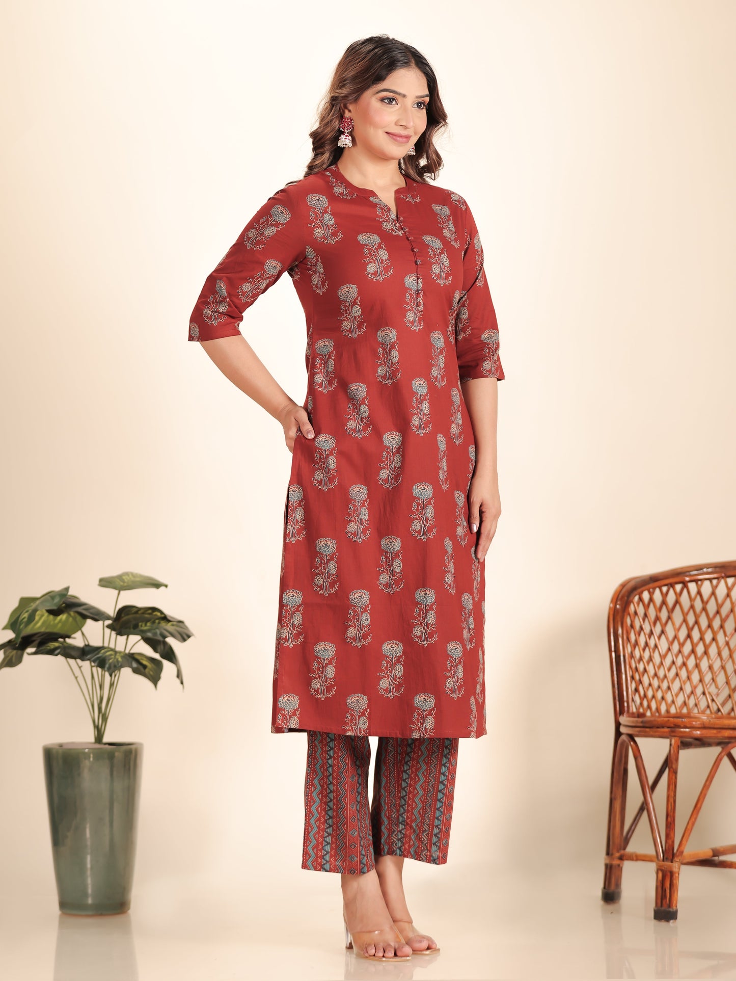 Soft Cotton Floral Straight Maroon Kurta