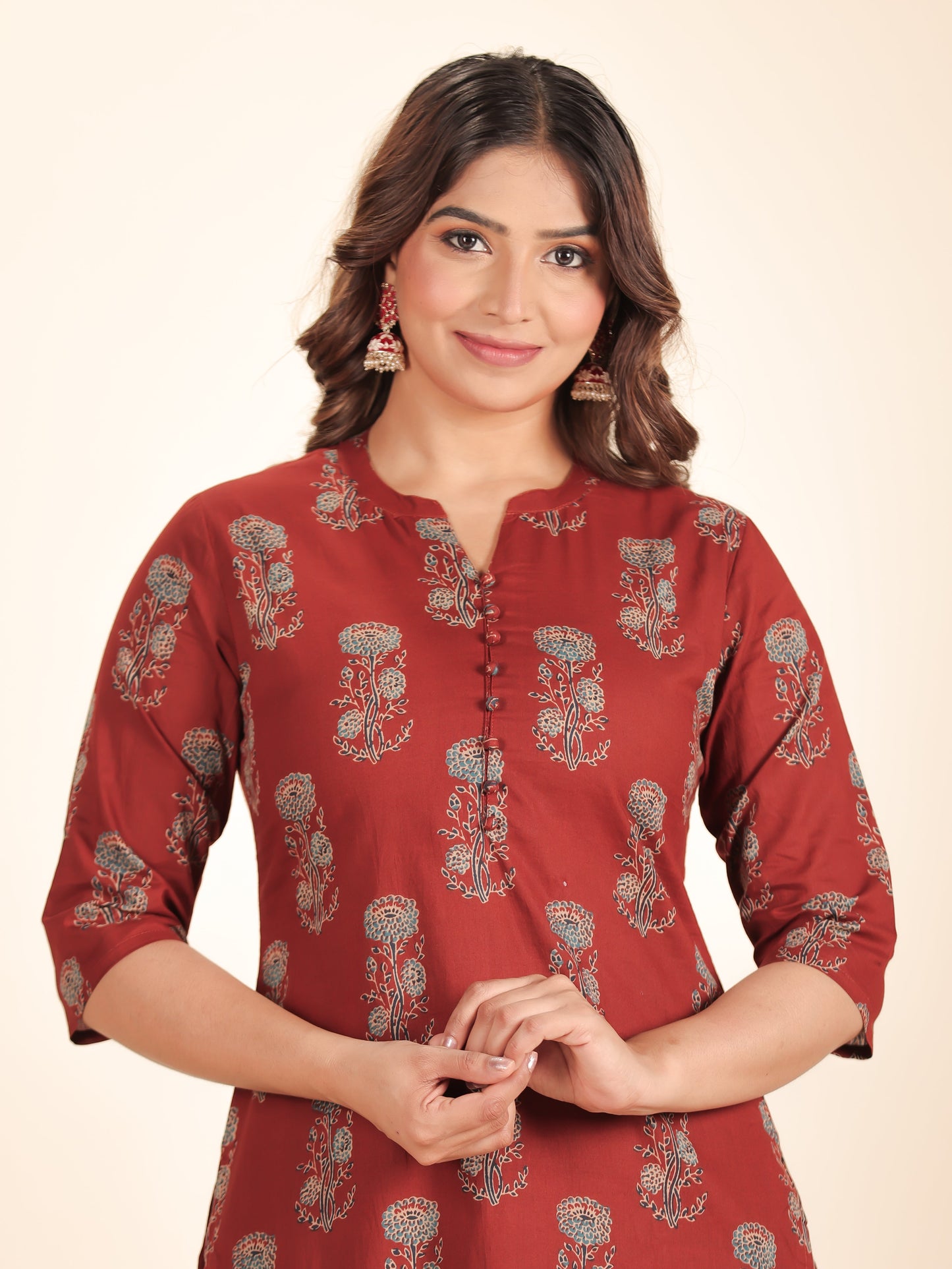 Soft Cotton Floral Straight Maroon Kurta