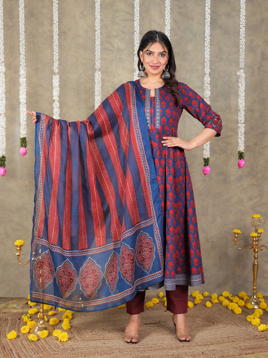 Embroidered Soft Cotton Block Print Flared Navy Blue Kurta
