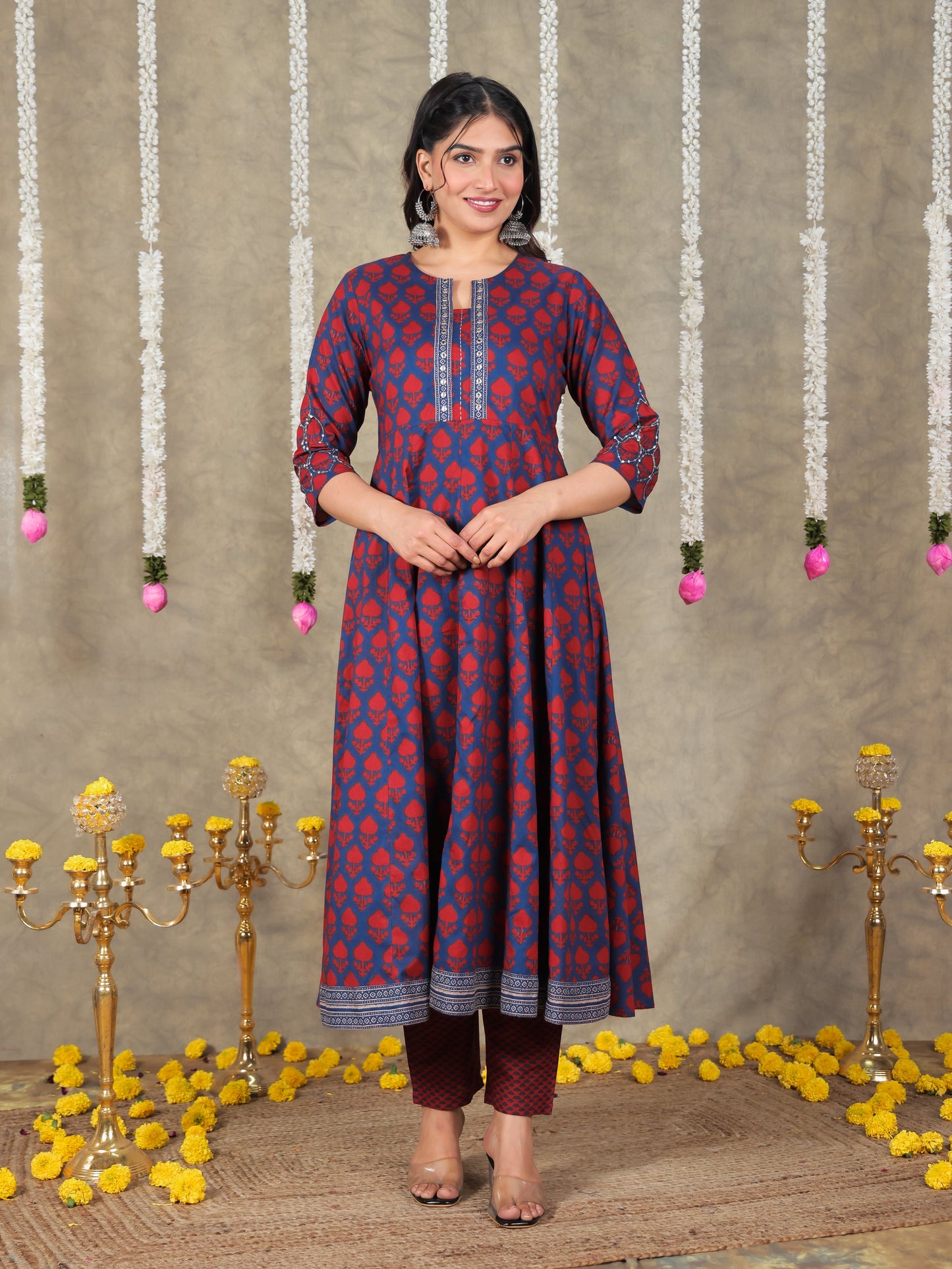 Embroidered Soft Cotton Block Print Flared Navy Blue Kurta