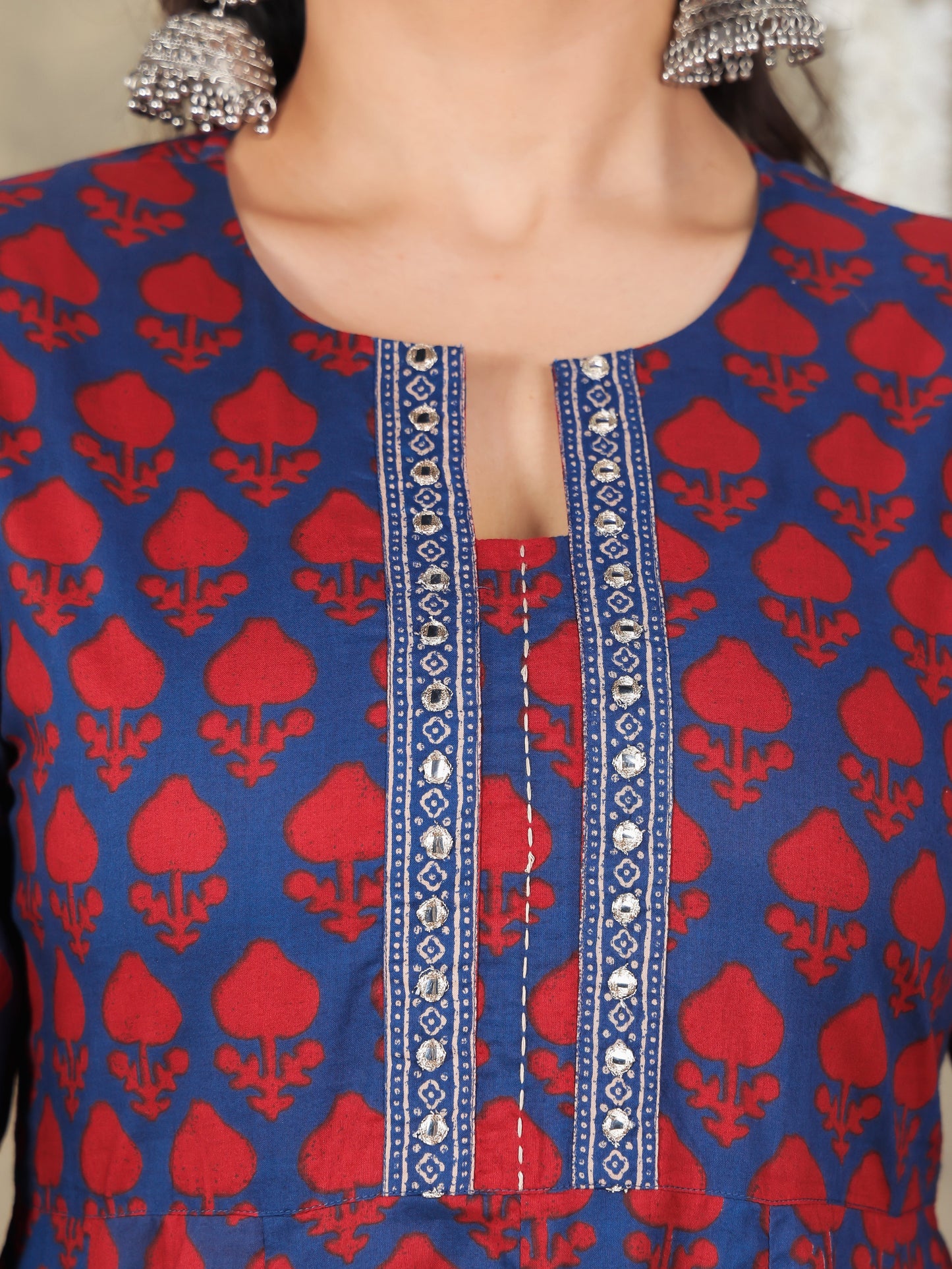 Embroidered Soft Cotton Block Print Flared Navy Blue Kurta