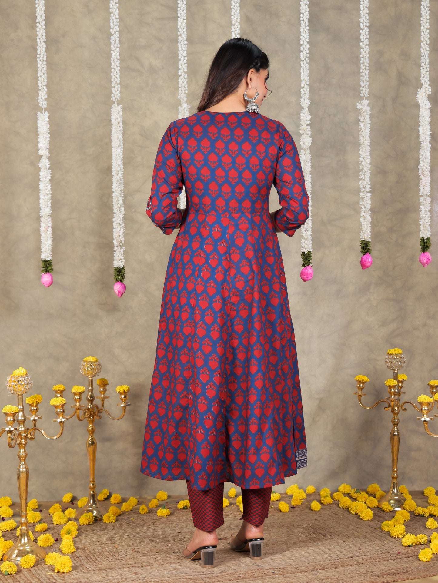 Embroidered Soft Cotton Block Print Flared Navy Blue Kurta