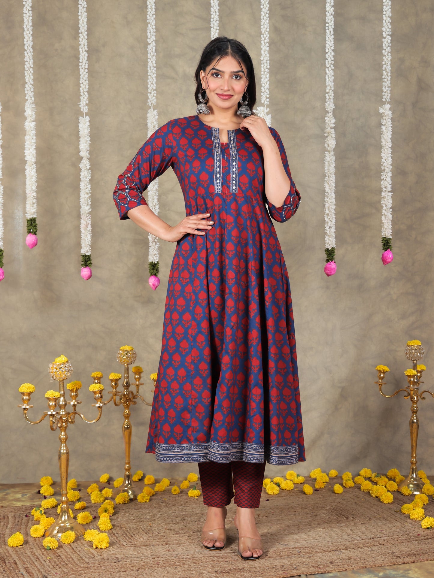 Embroidered Soft Cotton Block Print Flared Navy Blue Kurta