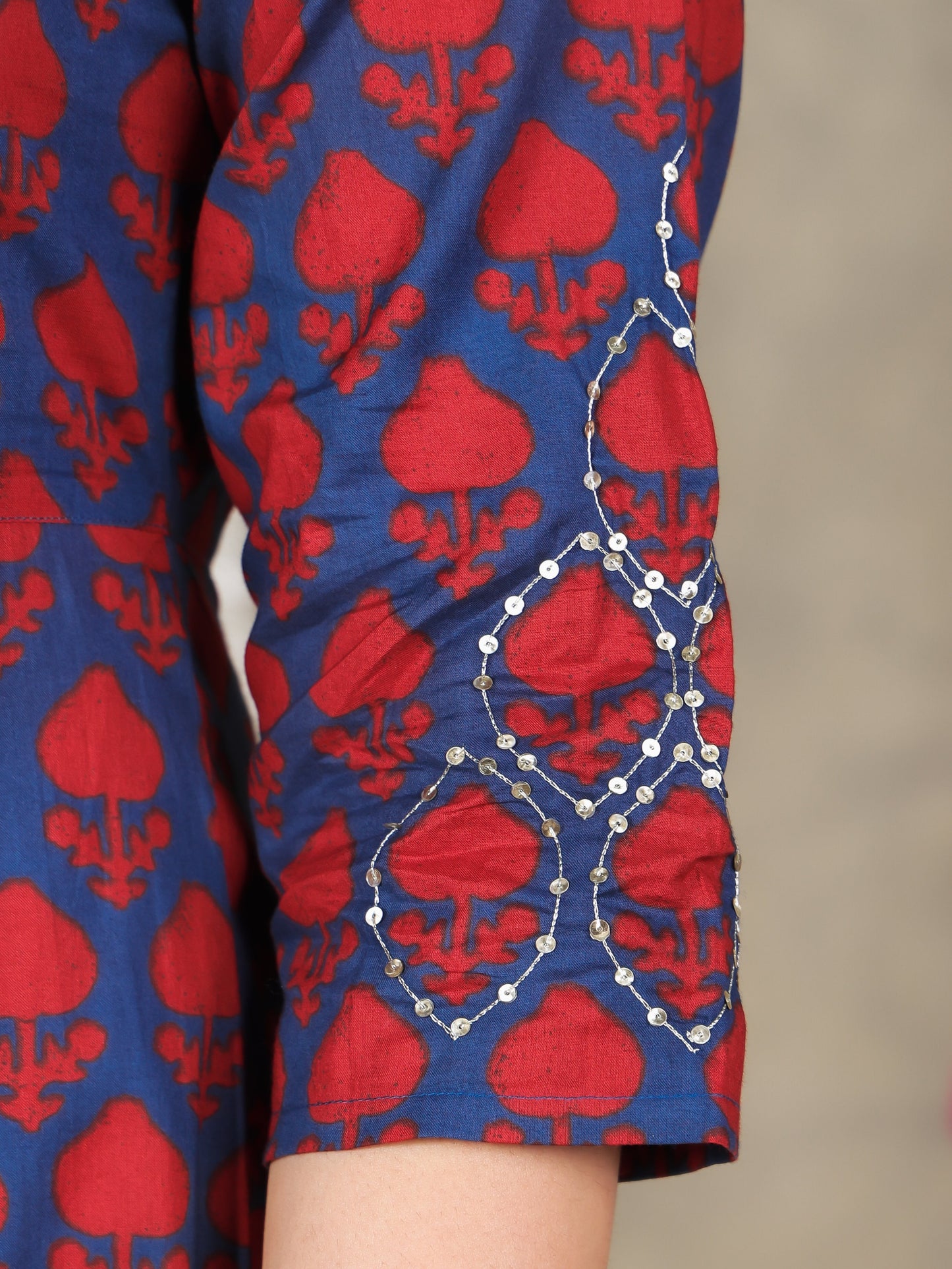 Embroidered Soft Cotton Block Print Flared Navy Blue Kurta