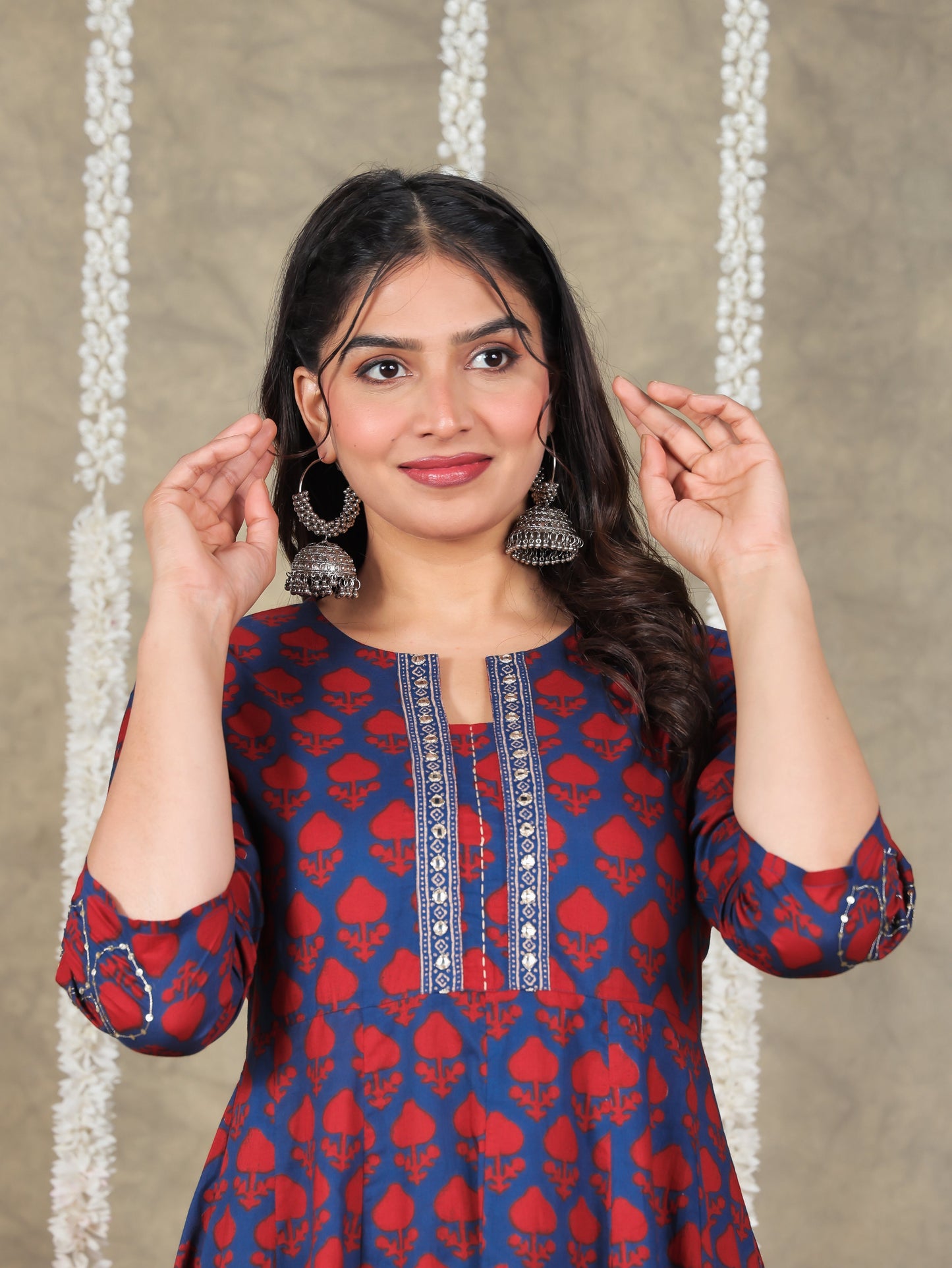 Embroidered Soft Cotton Block Print Flared Navy Blue Kurta