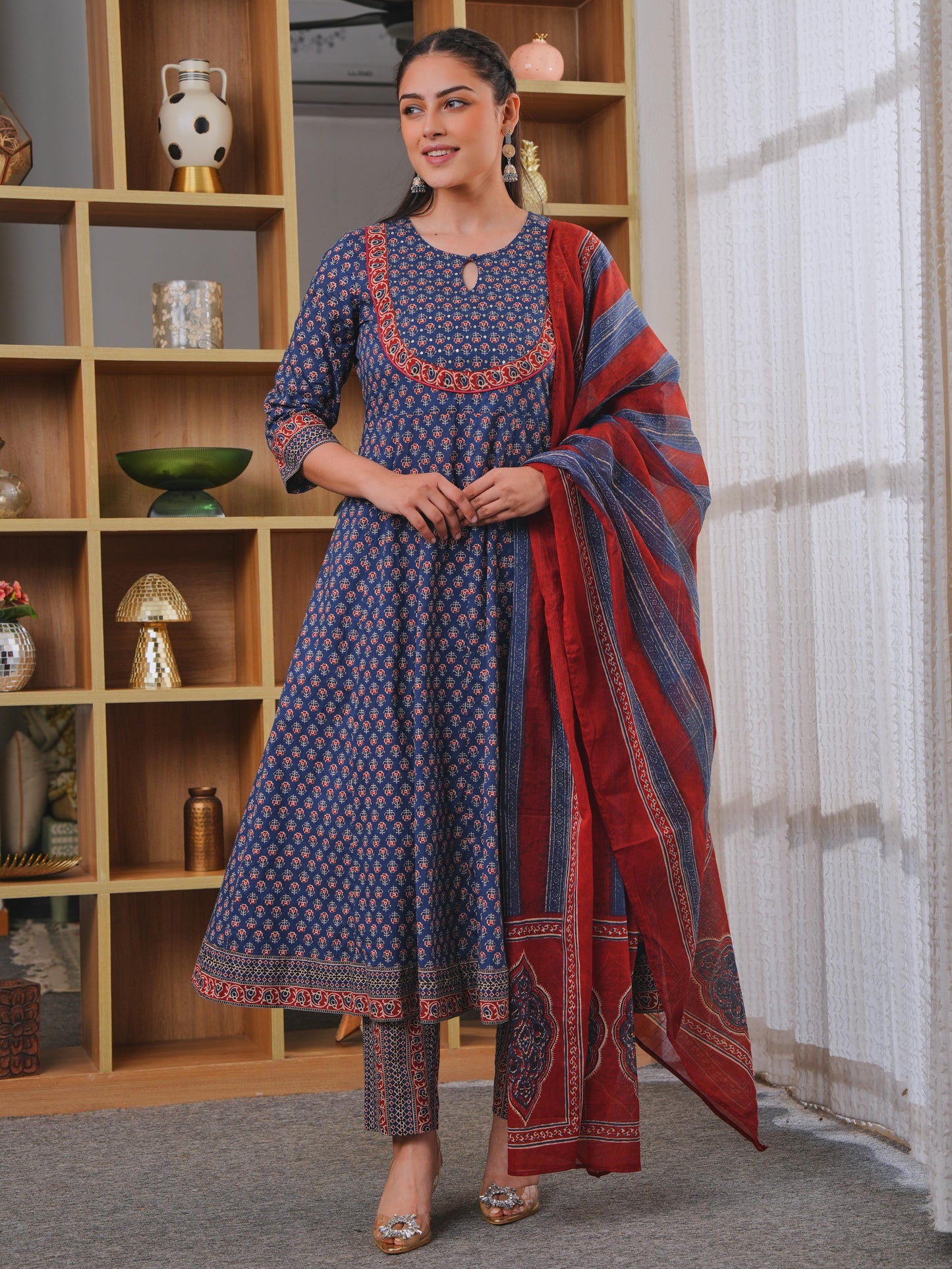 Cotton Voile Ajrakh Blue Dupatta