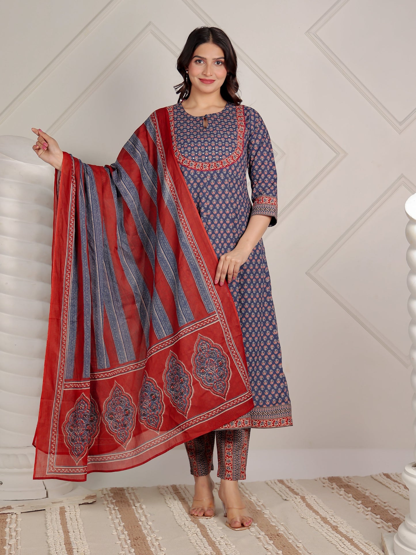 Cotton Voile Ajrakh Blue Dupatta
