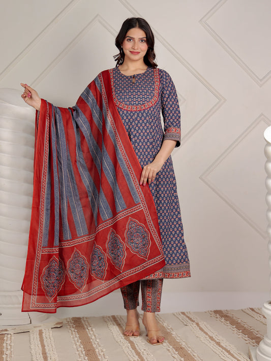 Cotton Voile Ajrakh Blue Dupatta