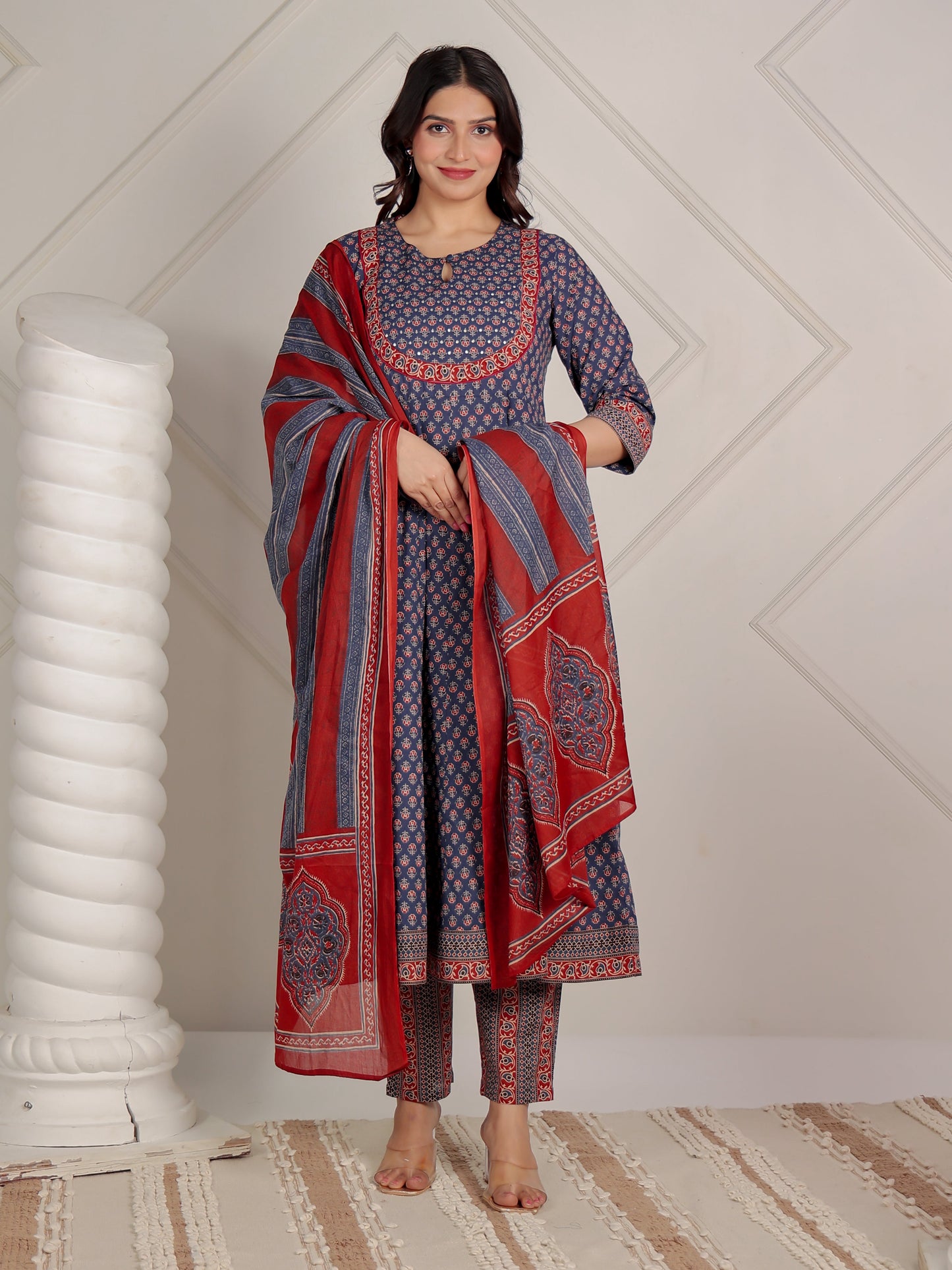 Cotton Voile Ajrakh Blue Dupatta