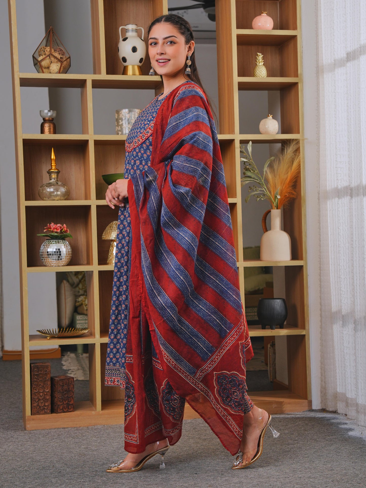 Cotton Voile Ajrakh Blue Dupatta