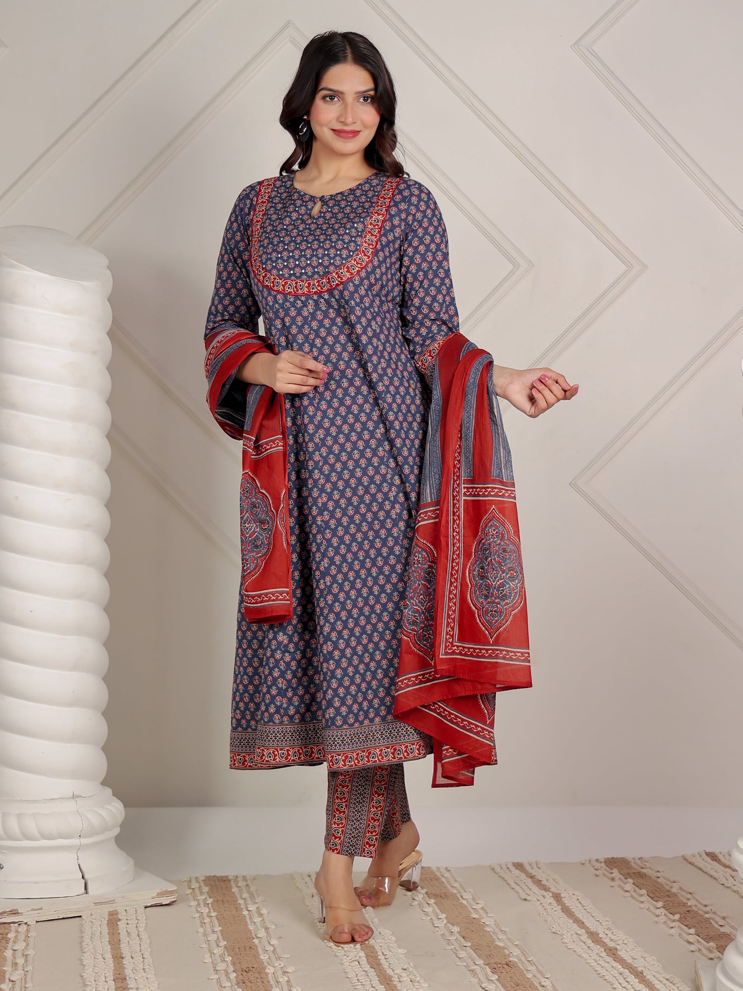 Cotton Voile Ajrakh Blue Dupatta