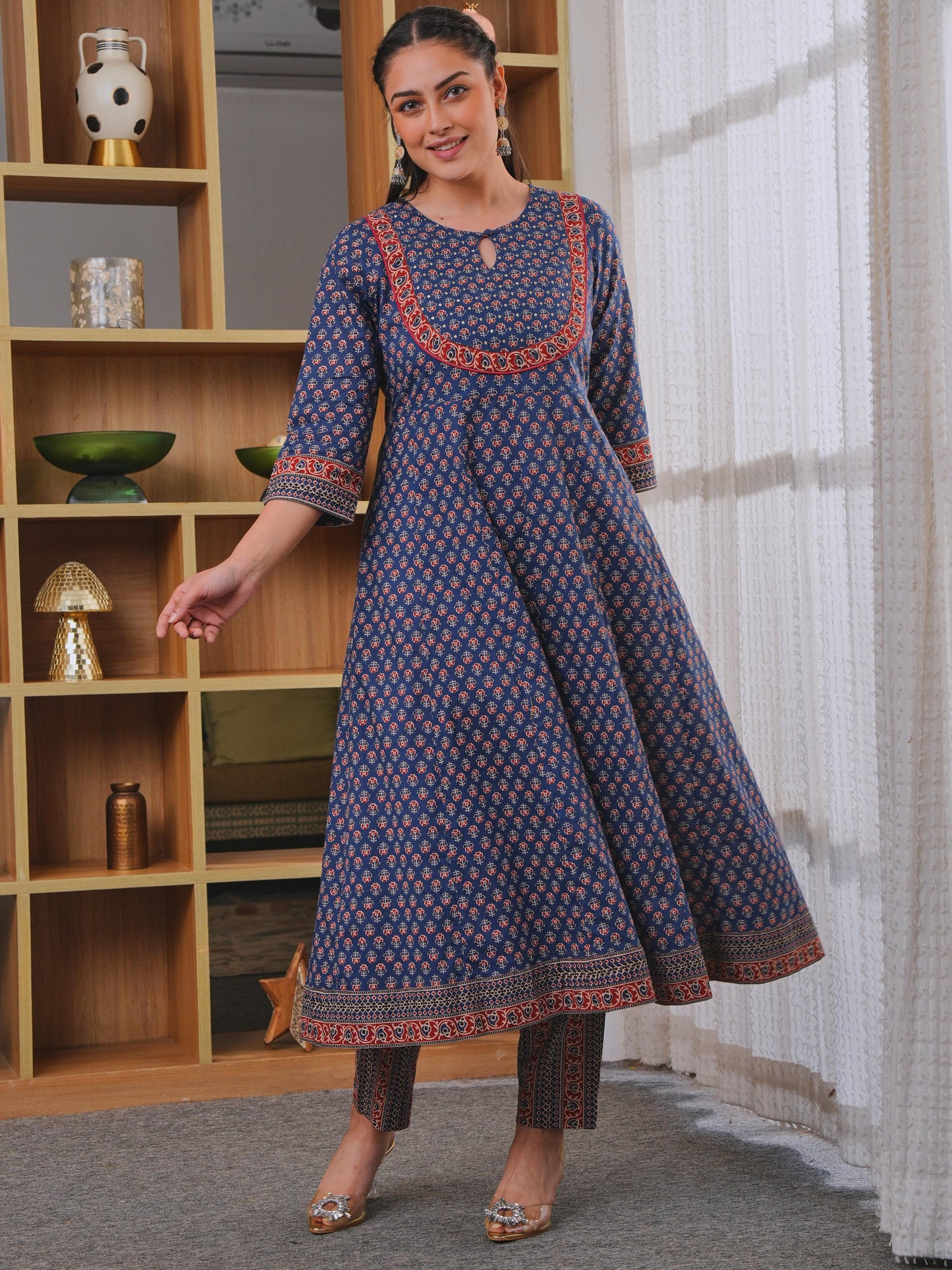 Embroidered Soft Cotton Ajrakh Anarkali Blue Kurta