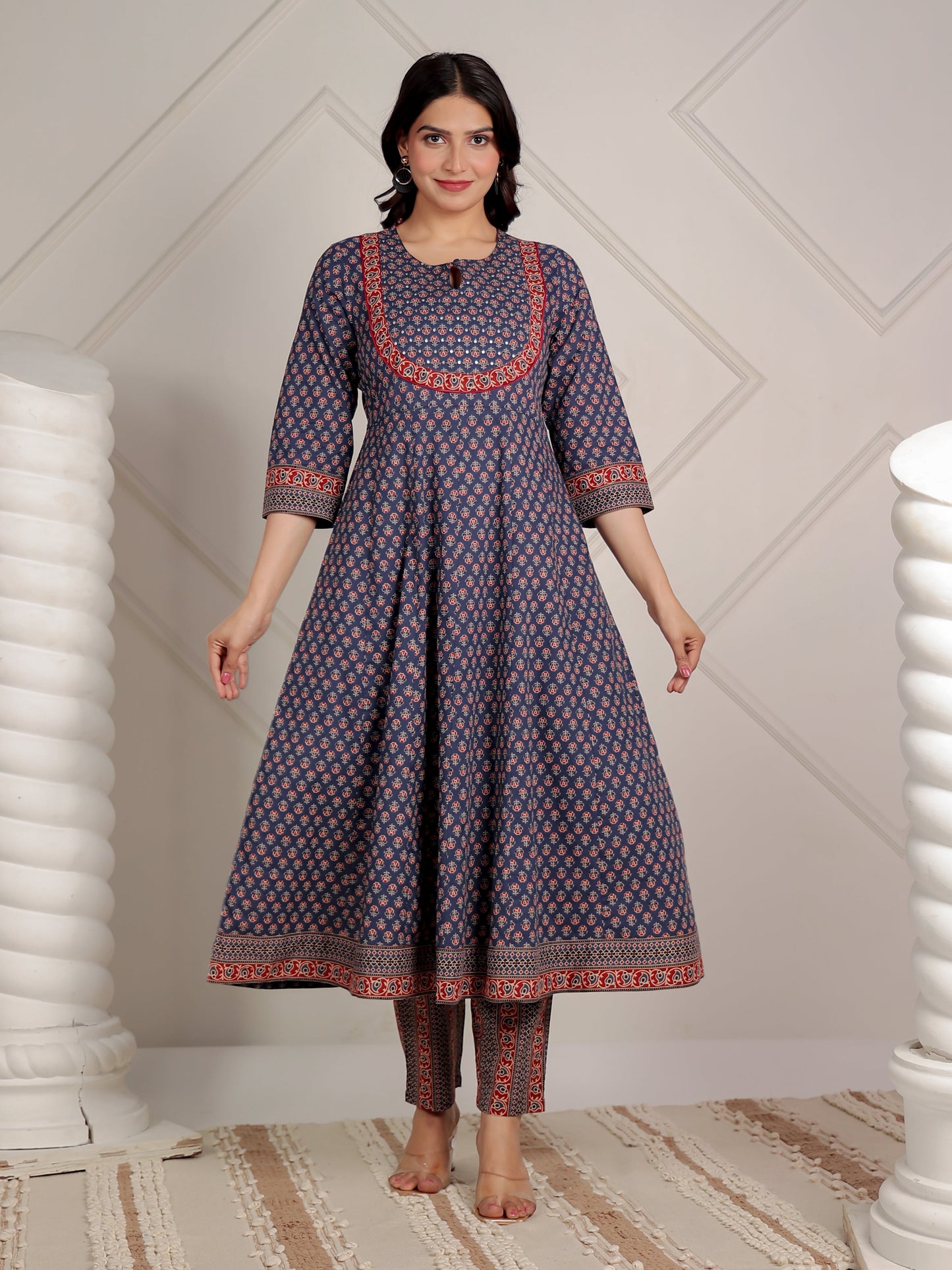 Embroidered Soft Cotton Ajrakh Anarkali Blue Kurta